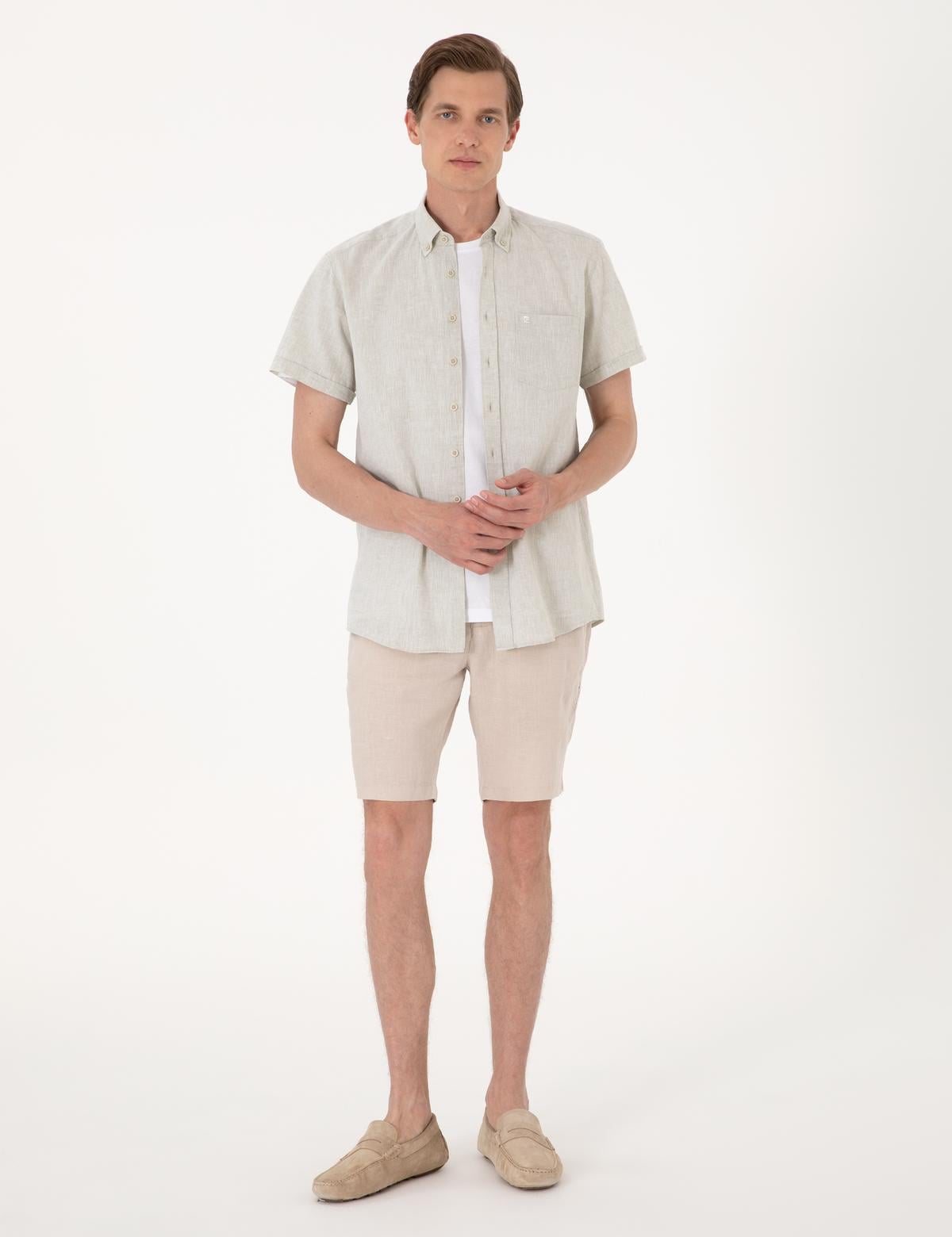 Çağla Keten Karışımlı Regular Fit Kısa Kollu Gömlek - 50303287033