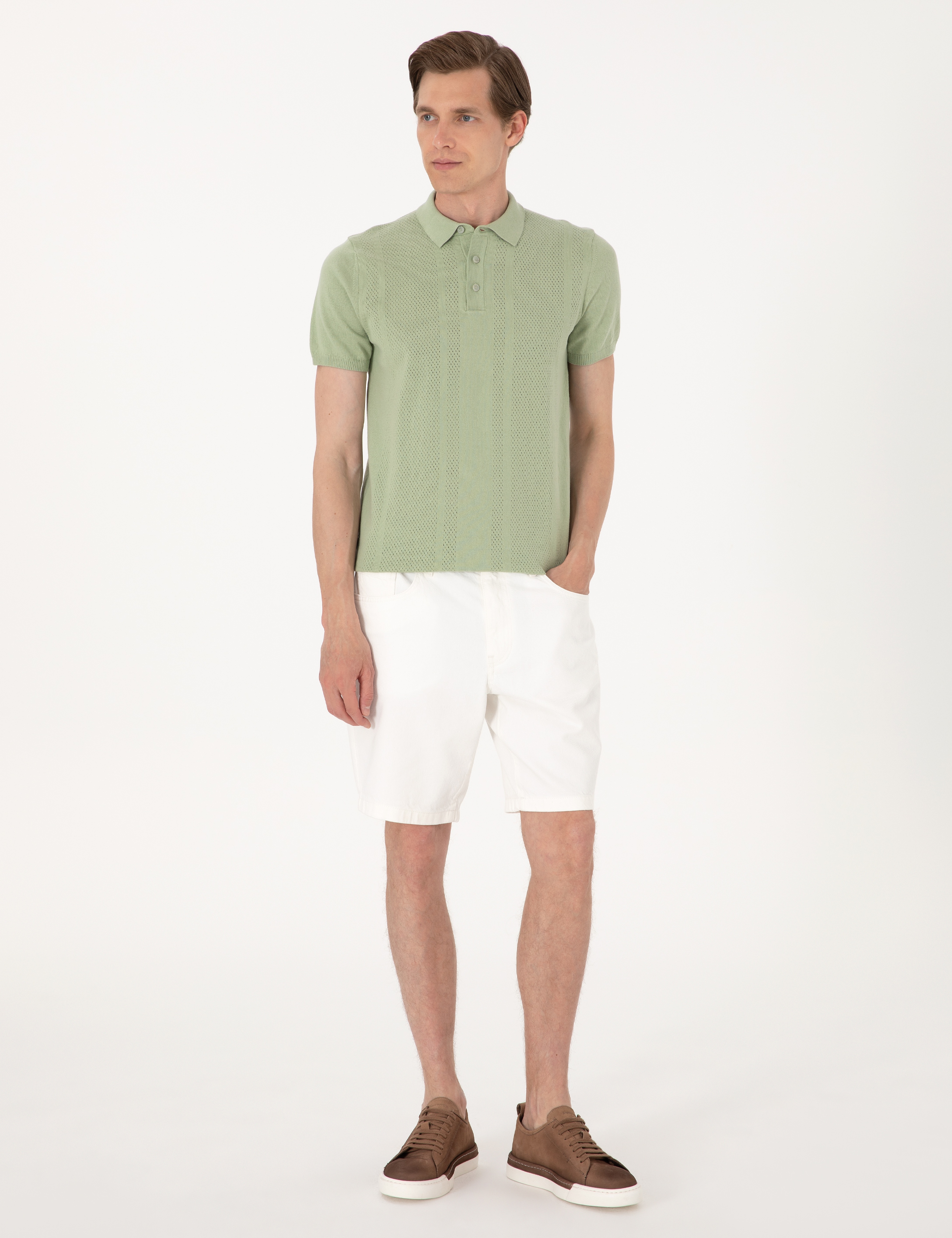 Ekru Slim Fit Jean Şort - Image 1