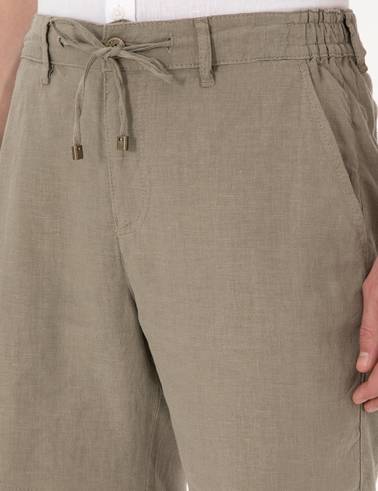 Haki Slim Fit %100 Keten Beli Lastikli Bağcıklı Dokuma Şort