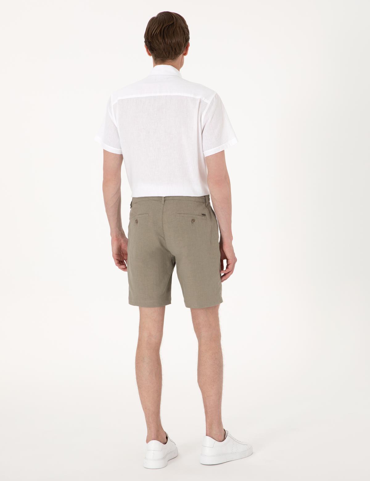 Haki Slim Fit %100 Keten Beli Lastikli Bağcıklı Dokuma Şort - 50301780055