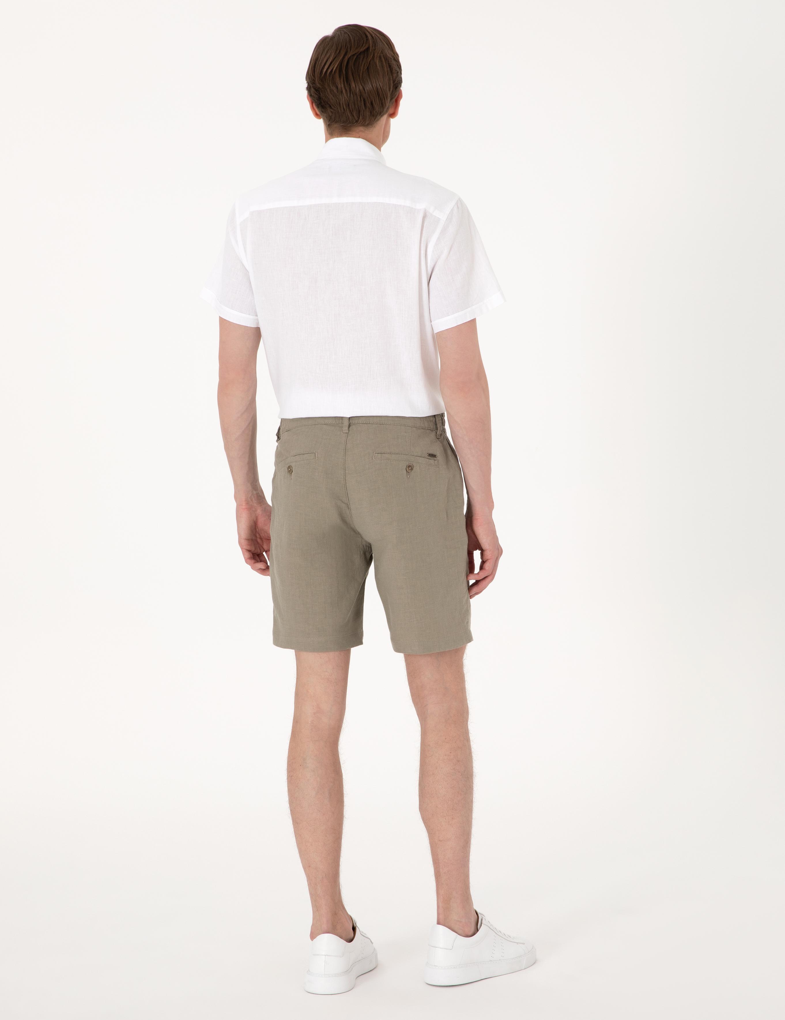 Haki Slim Fit %100 Keten Beli Lastikli Bağcıklı Dokuma Şort