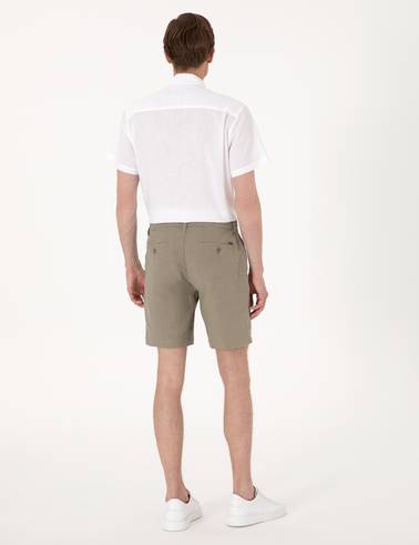 Haki Slim Fit %100 Keten Beli Lastikli Bağcıklı Dokuma Şort