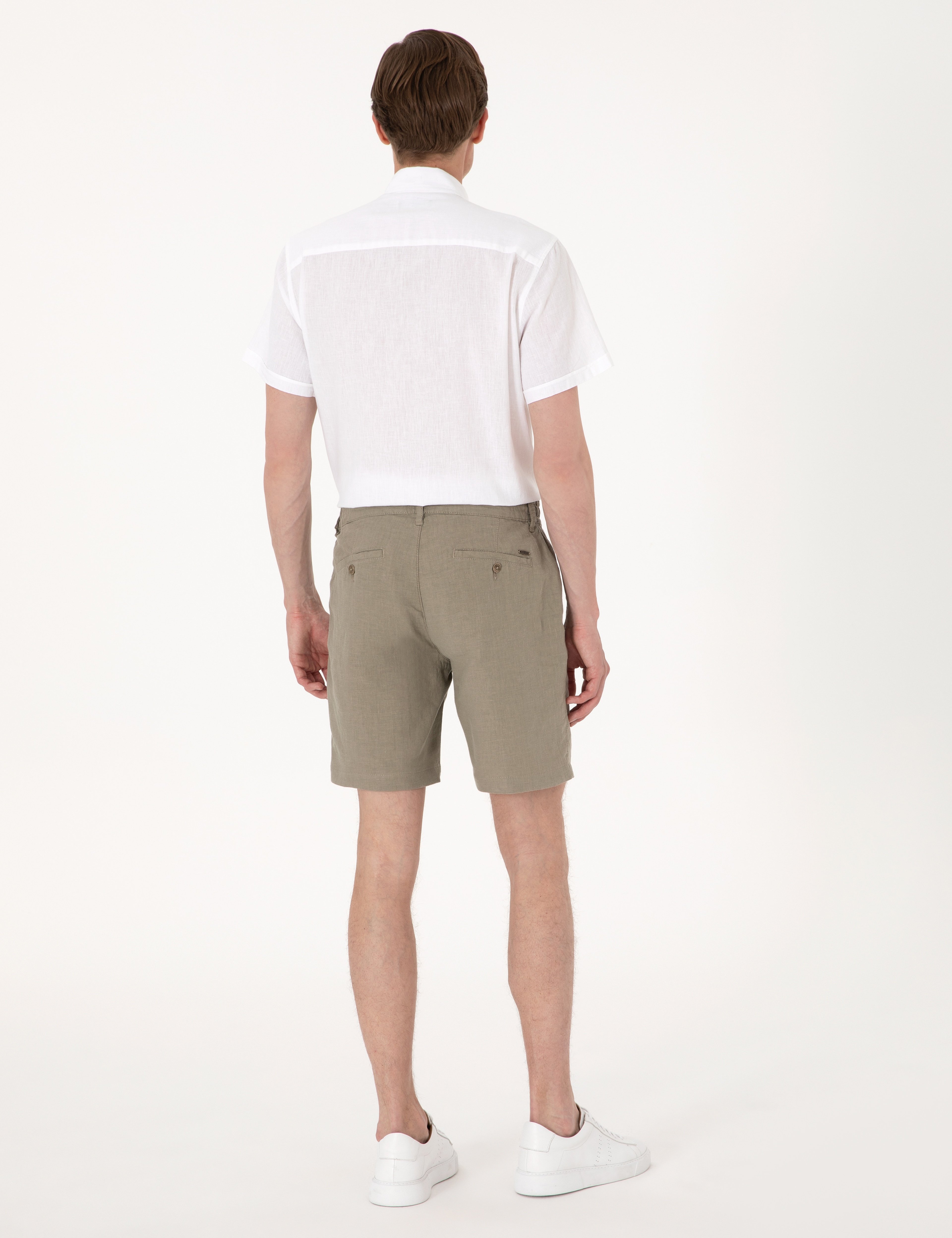 Haki Slim Fit %100 Keten Beli Lastikli Bağcıklı Dokuma Şort