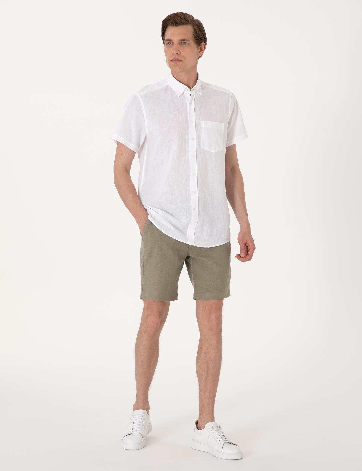 Haki Slim Fit %100 Keten Beli Lastikli Bağcıklı Dokuma Şort