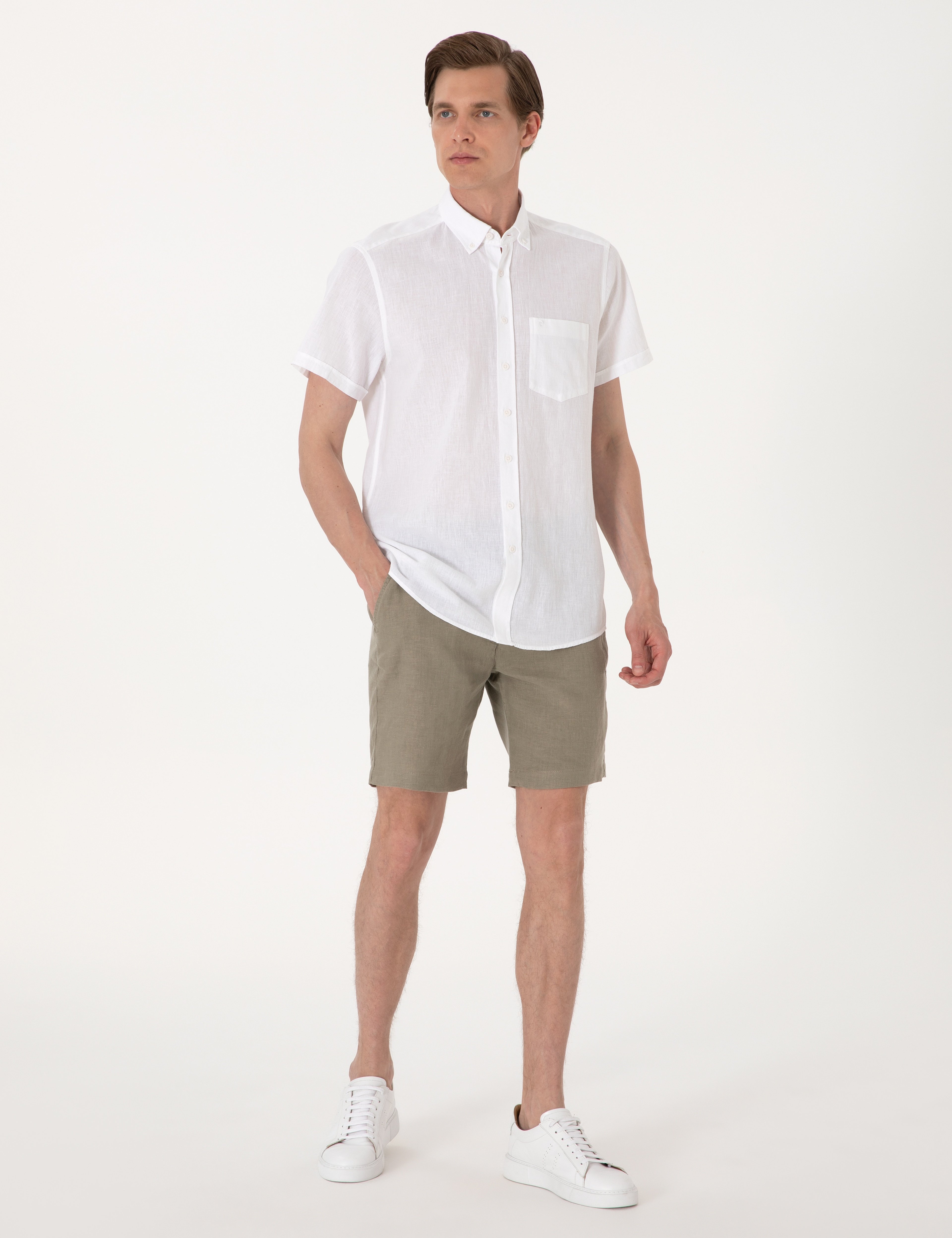 Haki Slim Fit %100 Keten Beli Lastikli Bağcıklı Dokuma Şort - Image 1