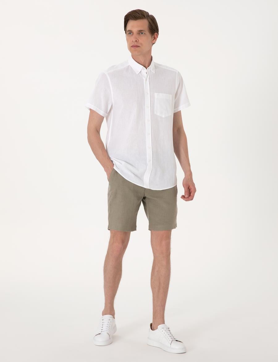 Haki Slim Fit %100 Keten Beli Lastikli Bağcıklı Dokuma Şort