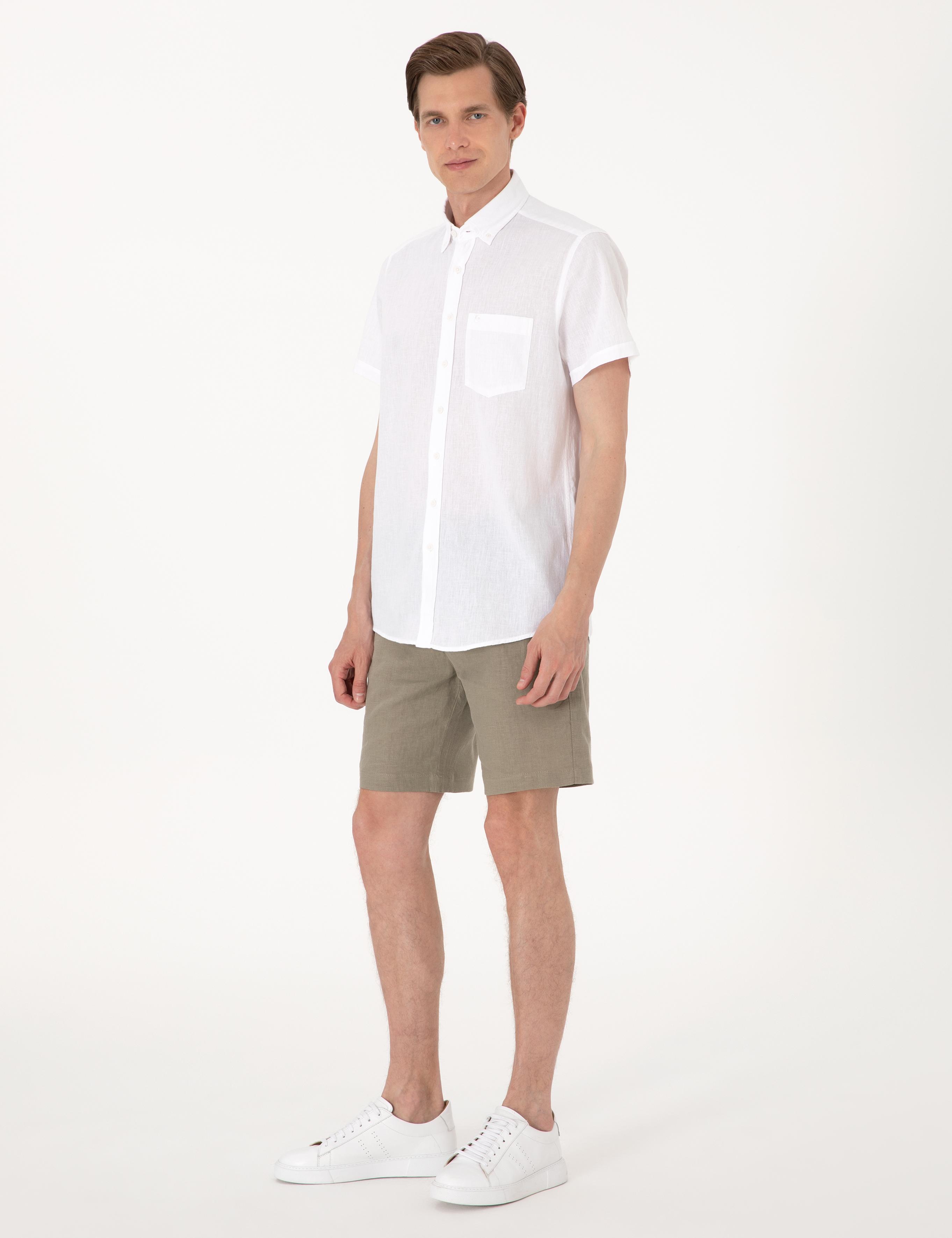 Haki Slim Fit %100 Keten Beli Lastikli Bağcıklı Dokuma Şort