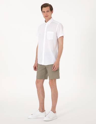Haki Slim Fit %100 Keten Beli Lastikli Bağcıklı Dokuma Şort