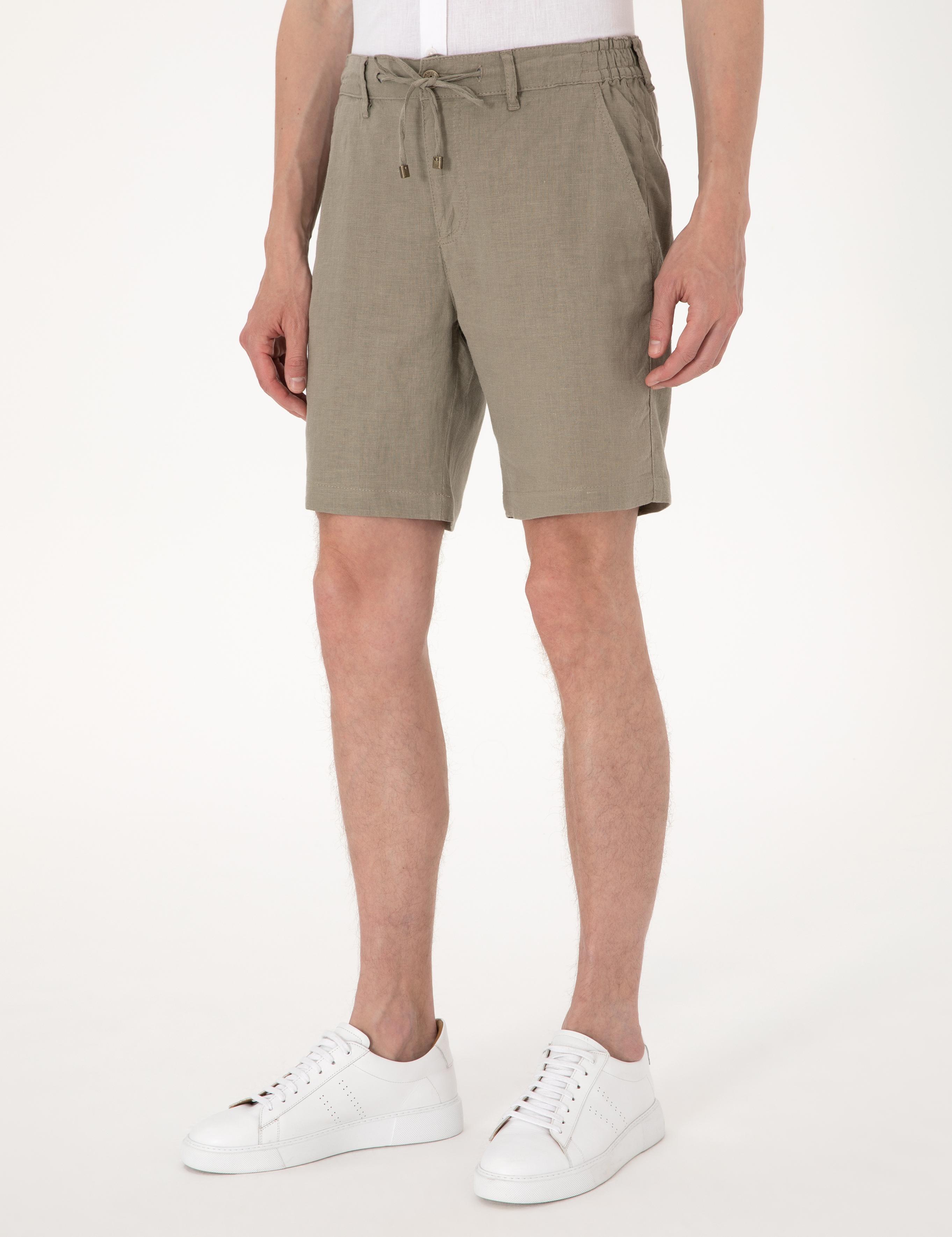 Haki Slim Fit %100 Keten Beli Lastikli Bağcıklı Dokuma Şort