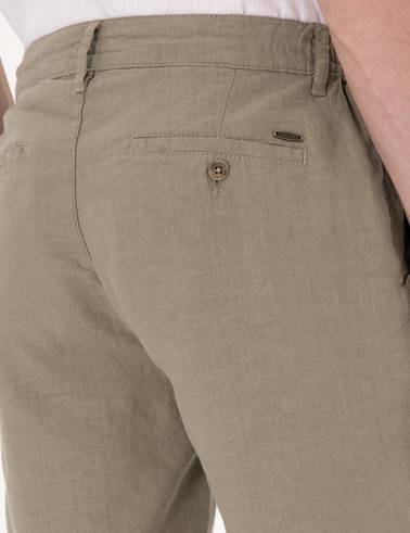 Haki Slim Fit %100 Keten Beli Lastikli Bağcıklı Dokuma Şort