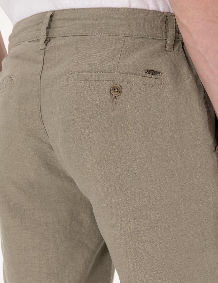 Haki Slim Fit %100 Keten Beli Lastikli Bağcıklı Dokuma Şort