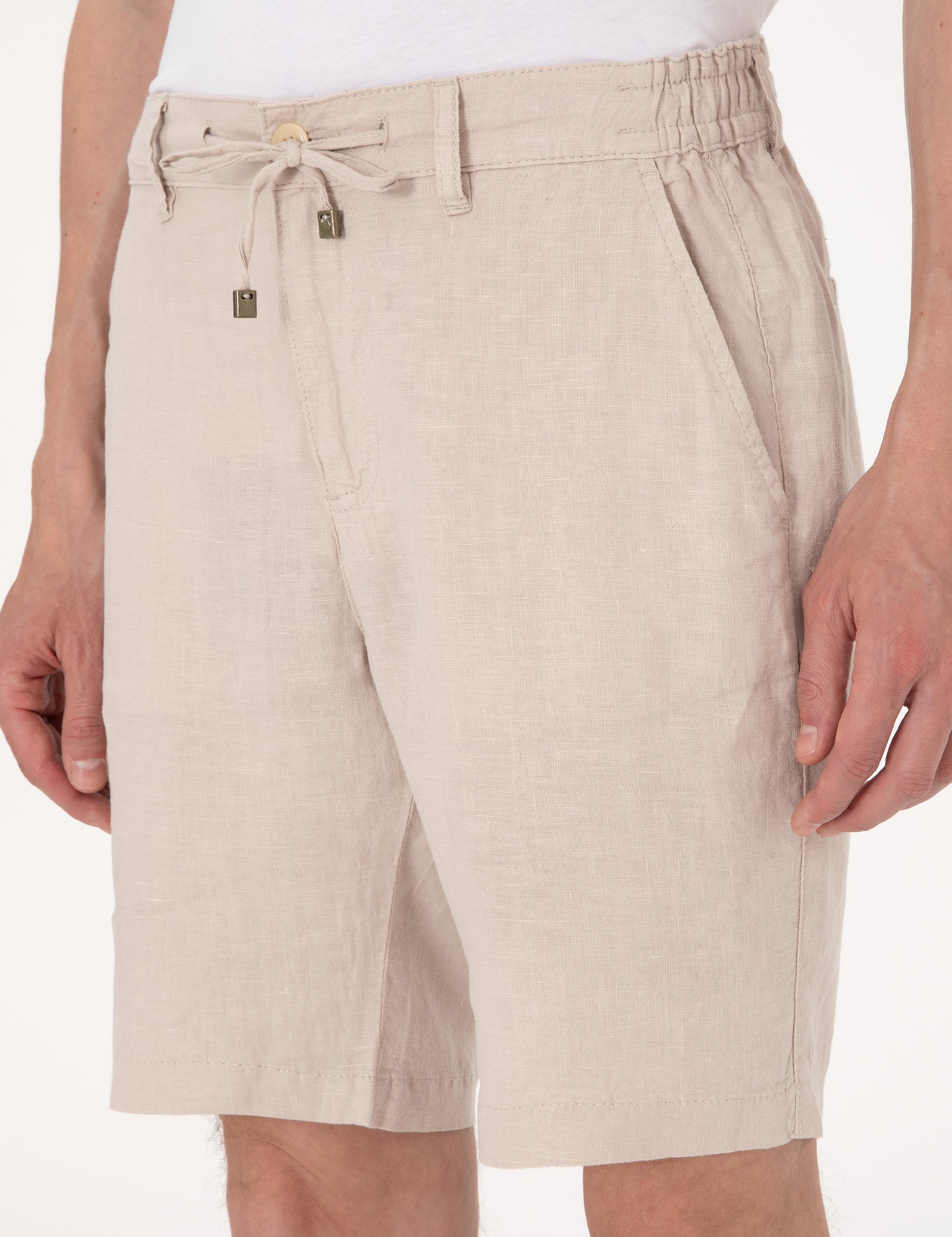 Bej Slim Fit %100 Keten Beli Lastikli Bağcıklı Dokuma Şort