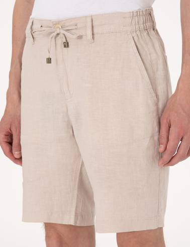 Bej Slim Fit %100 Keten Beli Lastikli Bağcıklı Dokuma Şort