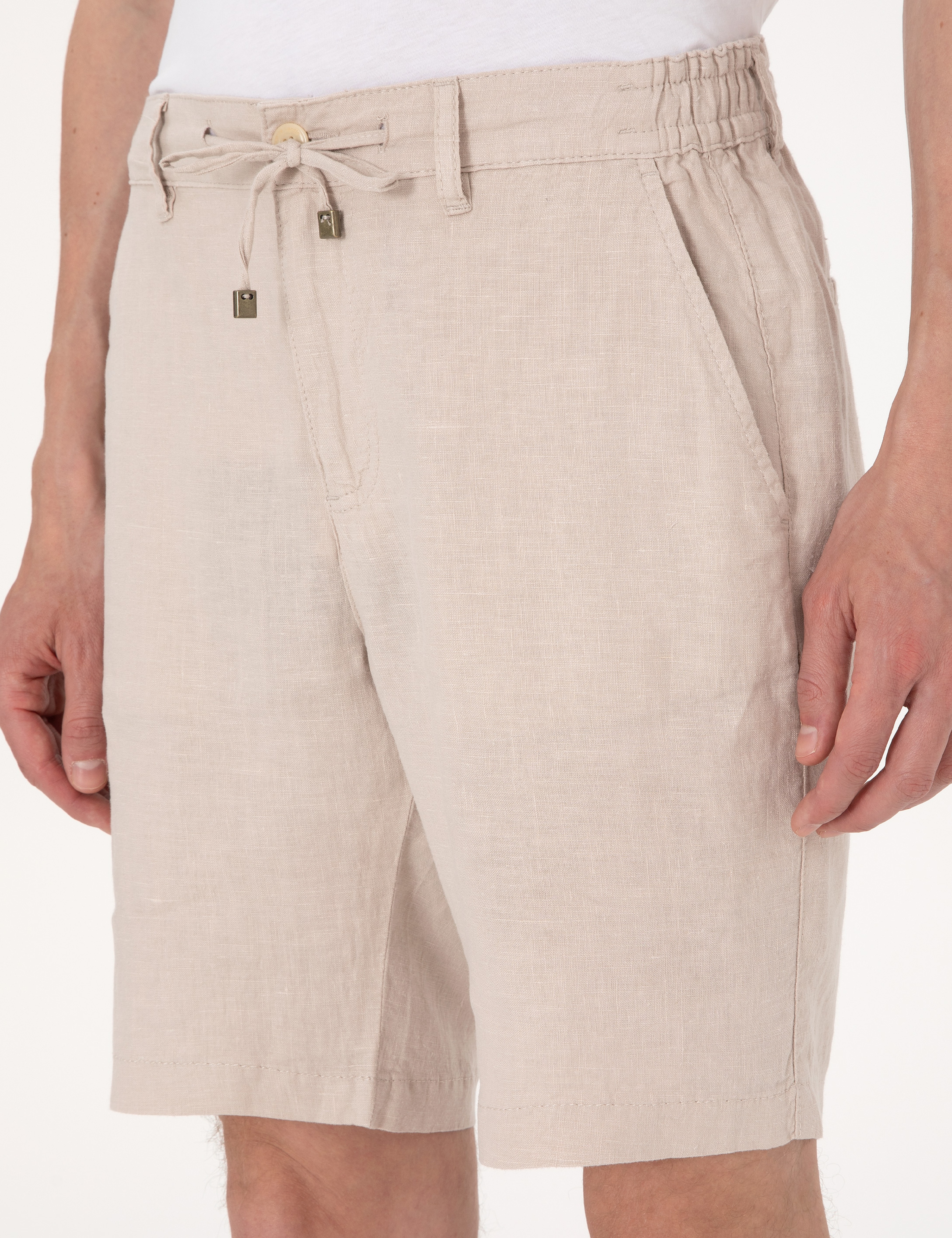 Bej Slim Fit %100 Keten Beli Lastikli Bağcıklı Dokuma Şort - Image 5