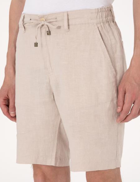 Bej Slim Fit %100 Keten Beli Lastikli Bağcıklı Dokuma Şort - 50301780146