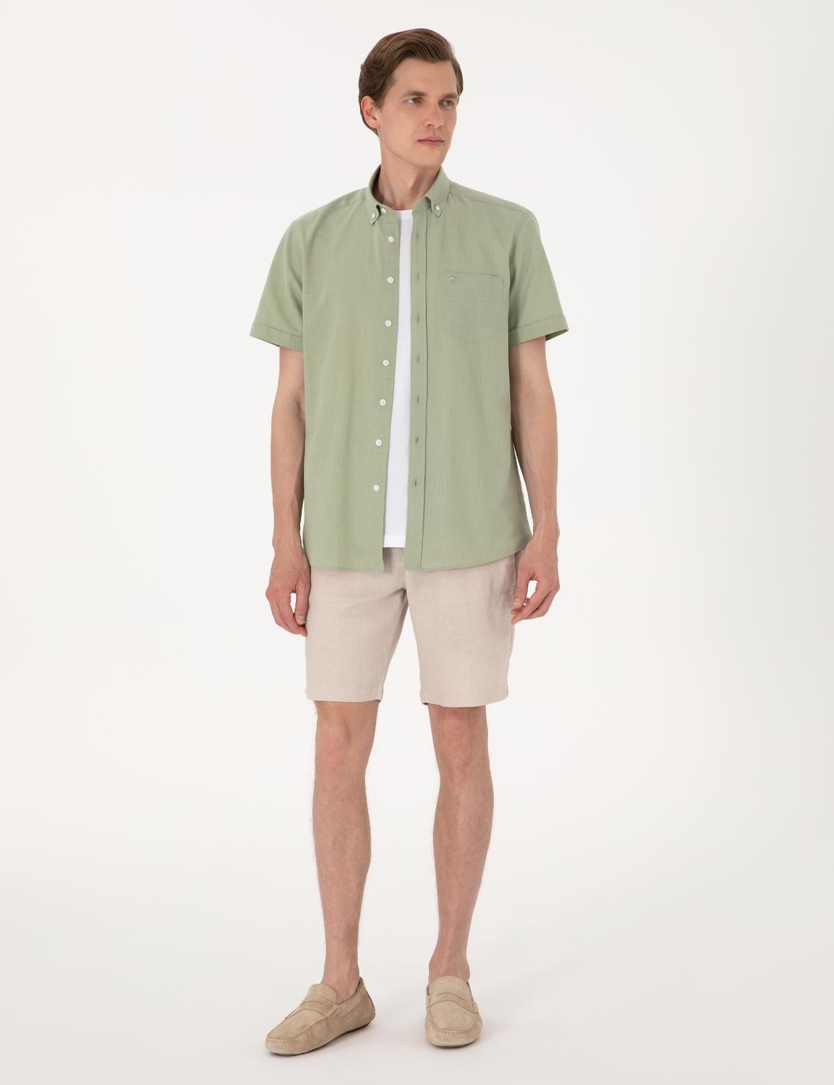 Bej Slim Fit %100 Keten Beli Lastikli Bağcıklı Dokuma Şort - 50301780146