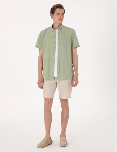 Bej Slim Fit %100 Keten Beli Lastikli Bağcıklı Dokuma Şort