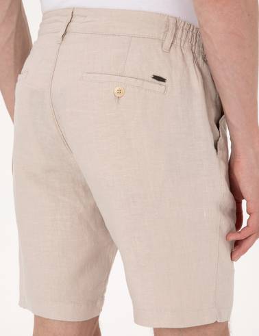 Bej Slim Fit %100 Keten Beli Lastikli Bağcıklı Dokuma Şort