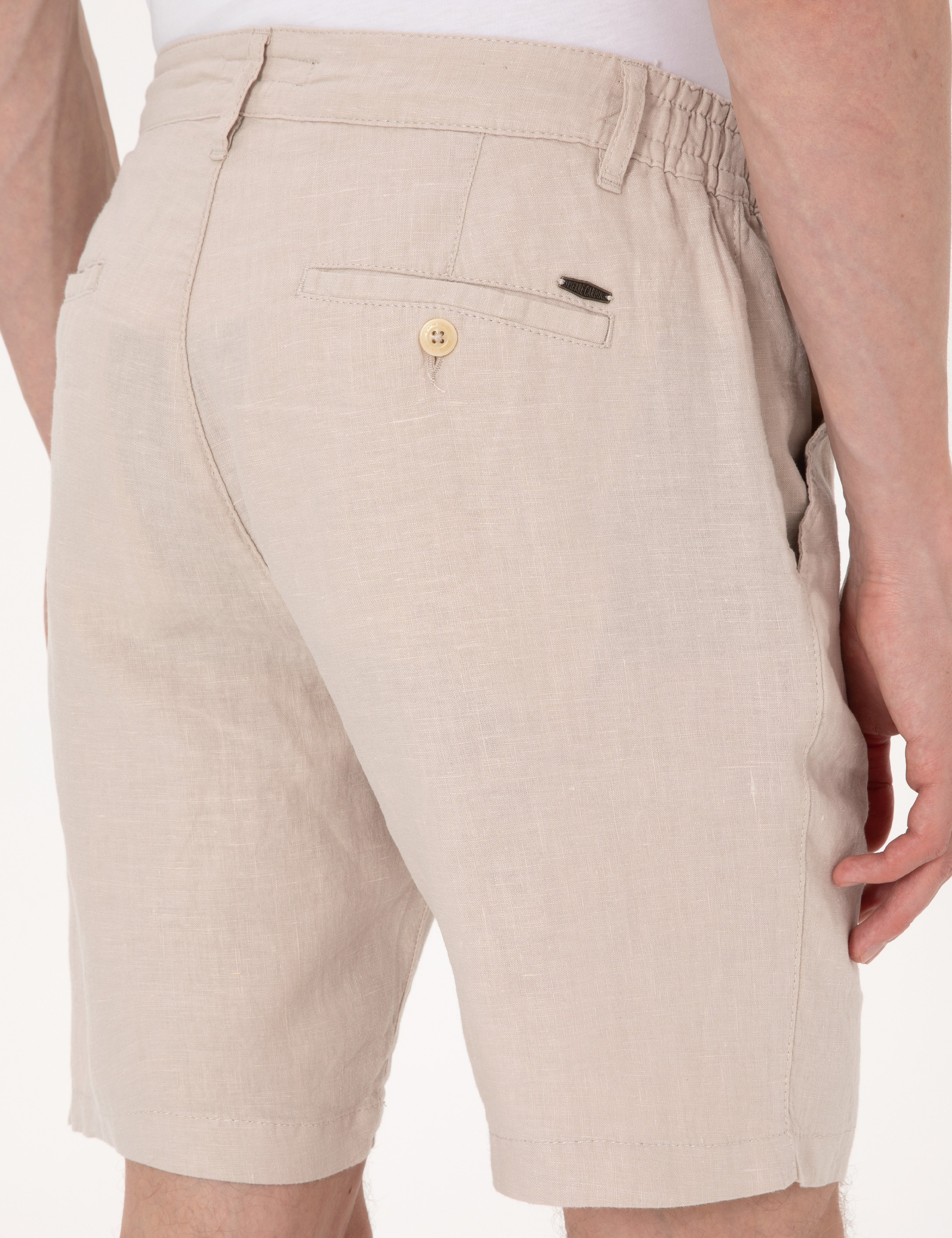Bej Slim Fit %100 Keten Beli Lastikli Bağcıklı Dokuma Şort