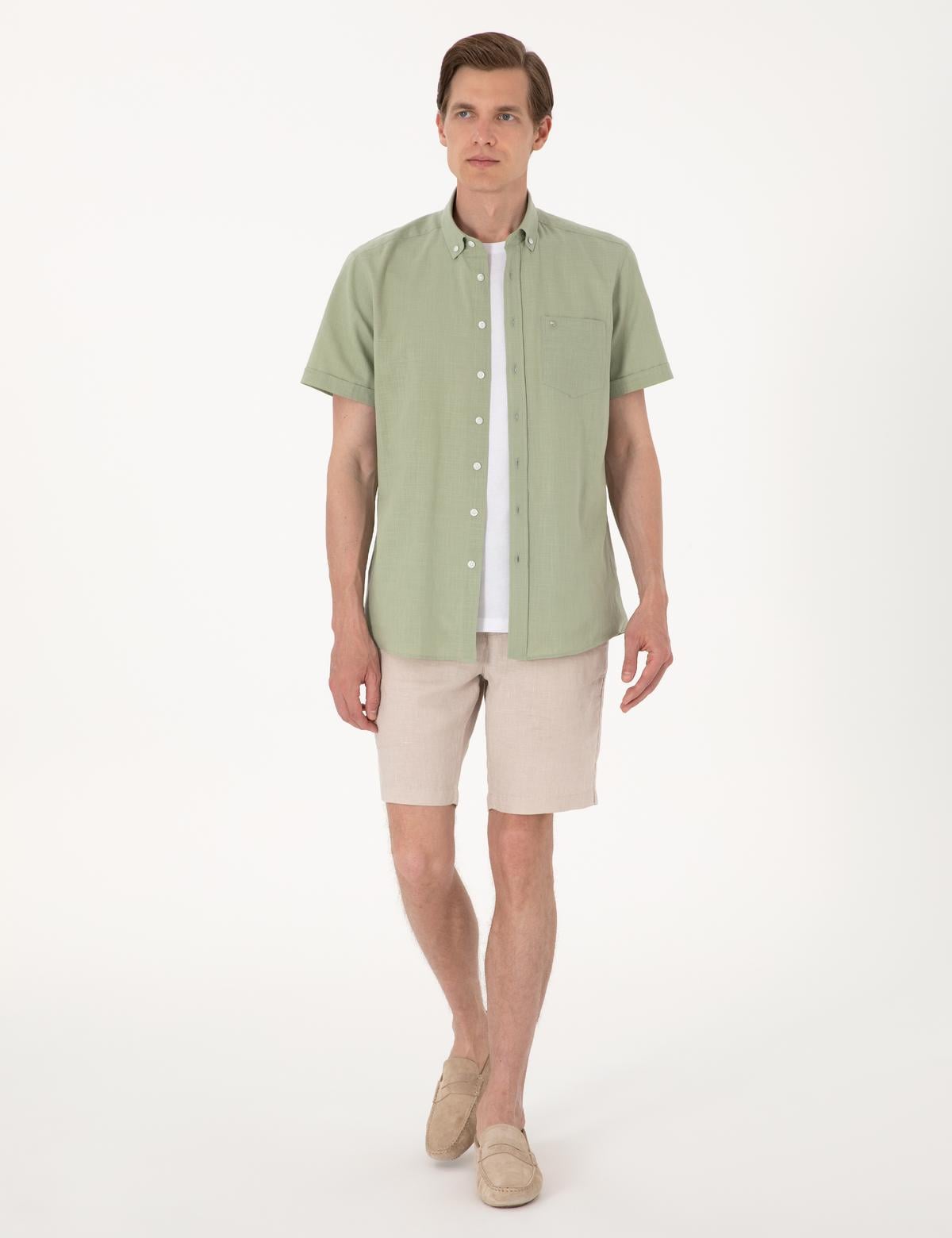 Bej Slim Fit %100 Keten Beli Lastikli Bağcıklı Dokuma Şort