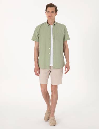Bej Slim Fit %100 Keten Beli Lastikli Bağcıklı Dokuma Şort