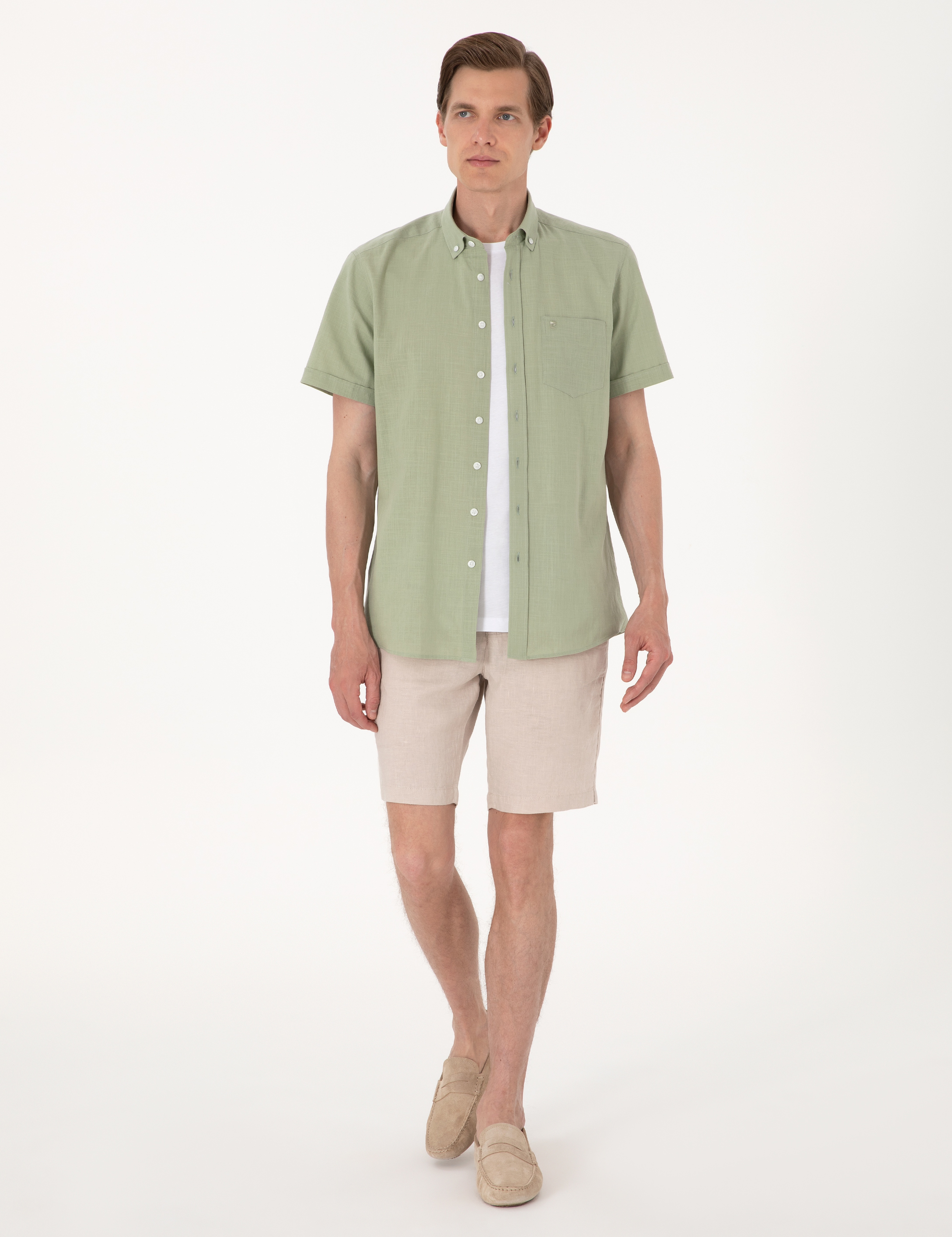 Bej Slim Fit %100 Keten Beli Lastikli Bağcıklı Dokuma Şort - Image 1