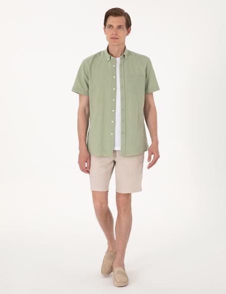 Bej Slim Fit %100 Keten Beli Lastikli Bağcıklı Dokuma Şort - 50301780146