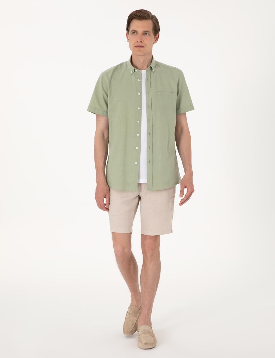 Bej Slim Fit %100 Keten Beli Lastikli Bağcıklı Dokuma Şort