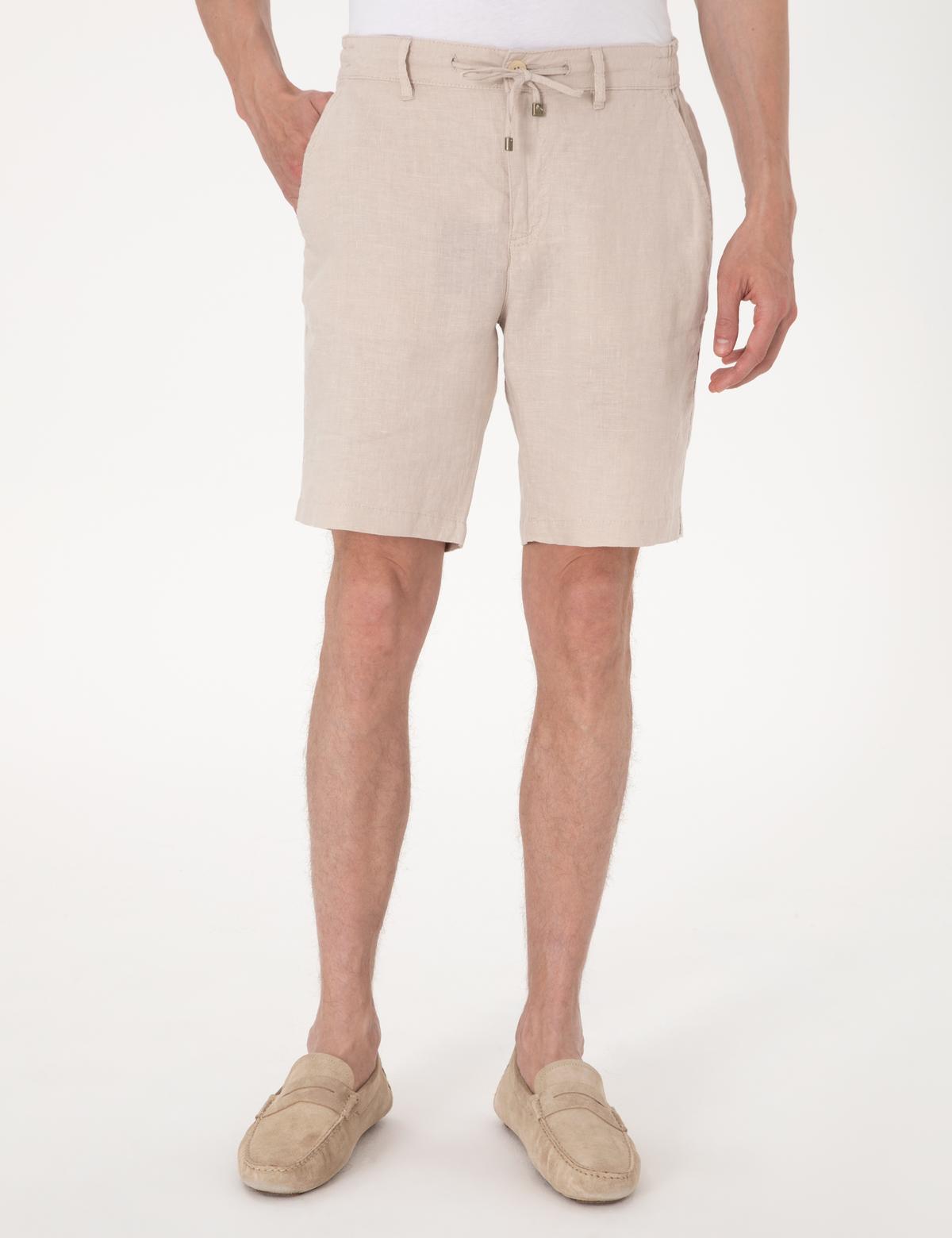 Bej Slim Fit %100 Keten Beli Lastikli Bağcıklı Dokuma Şort - 50301780146