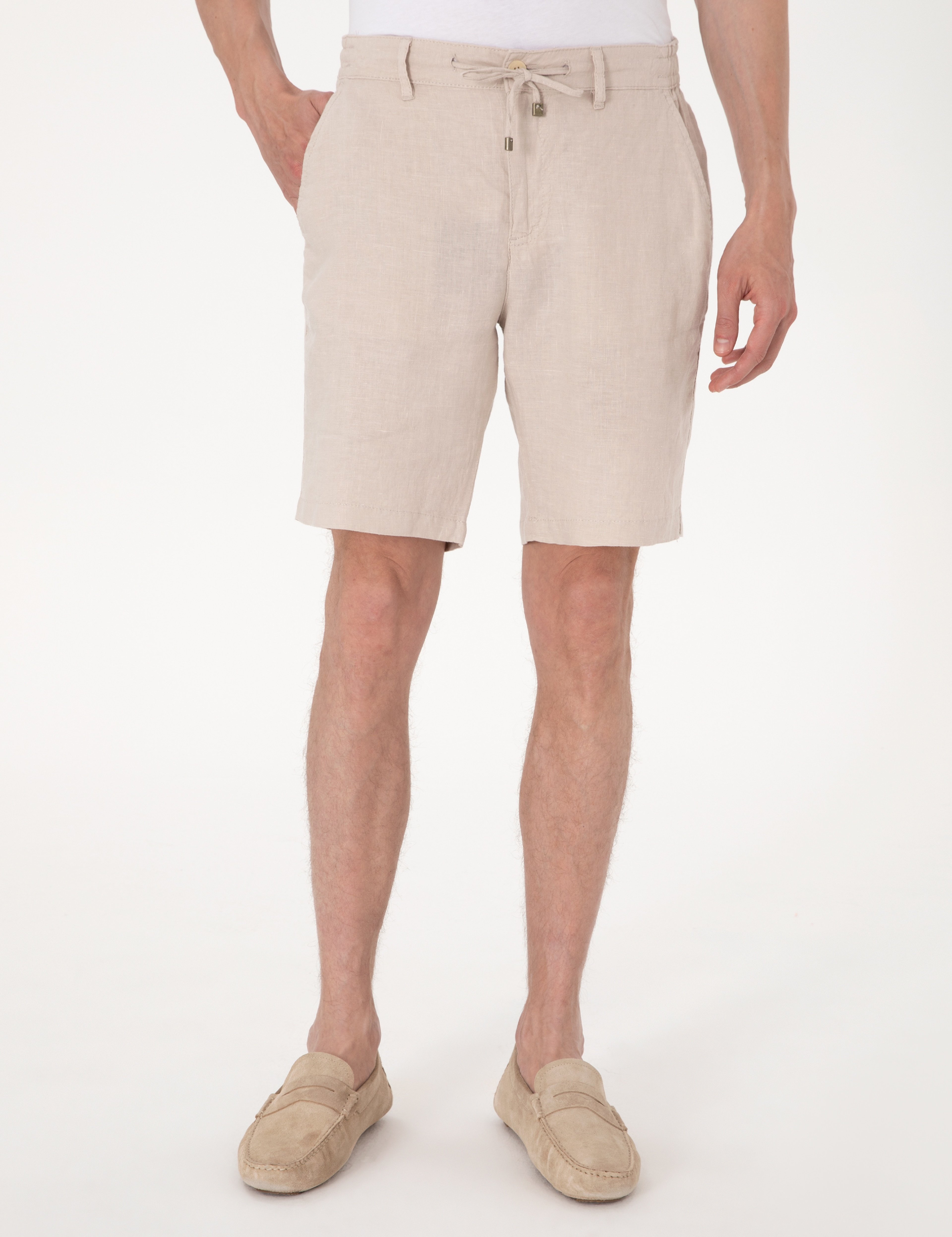 Bej Slim Fit %100 Keten Beli Lastikli Bağcıklı Dokuma Şort - Image 2