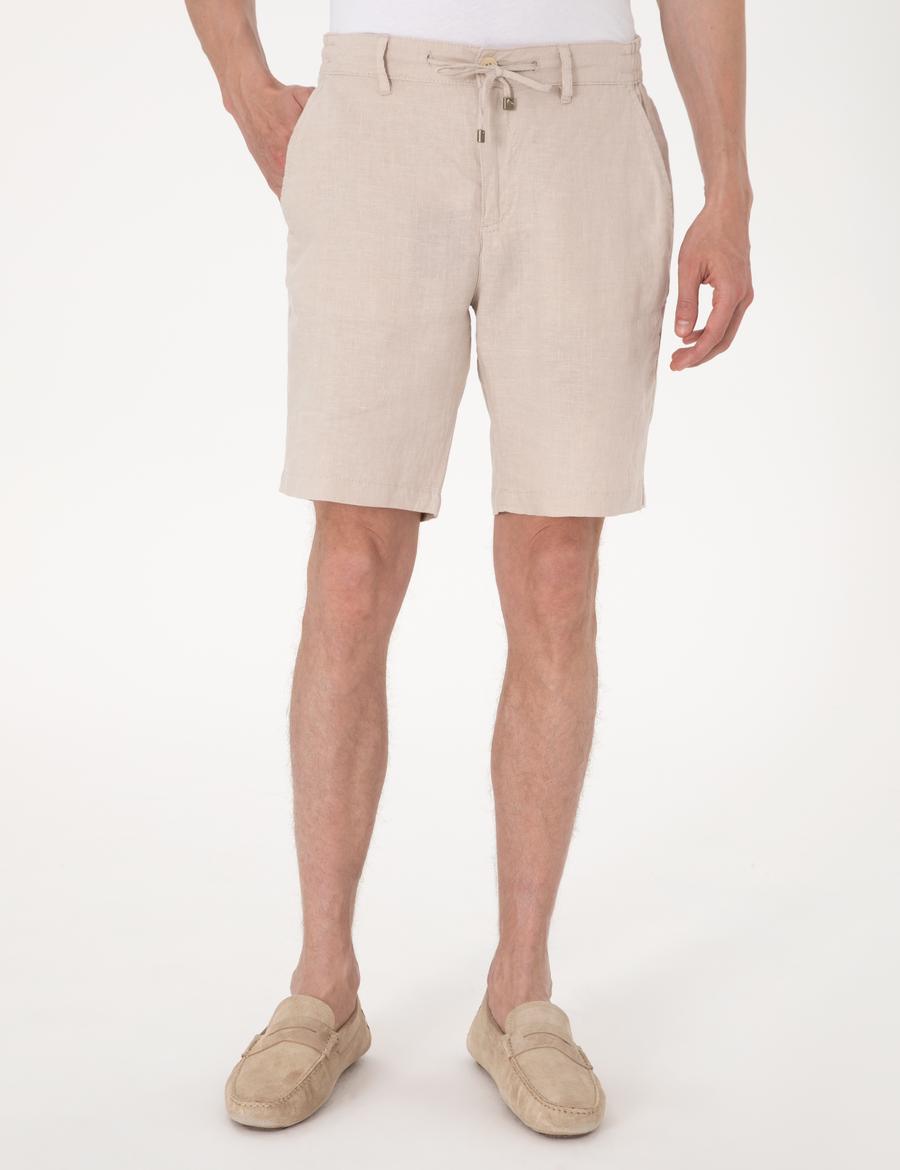 Bej Slim Fit %100 Keten Beli Lastikli Bağcıklı Dokuma Şort