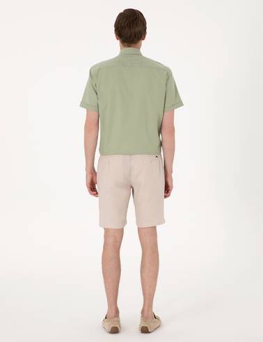 Bej Slim Fit %100 Keten Beli Lastikli Bağcıklı Dokuma Şort