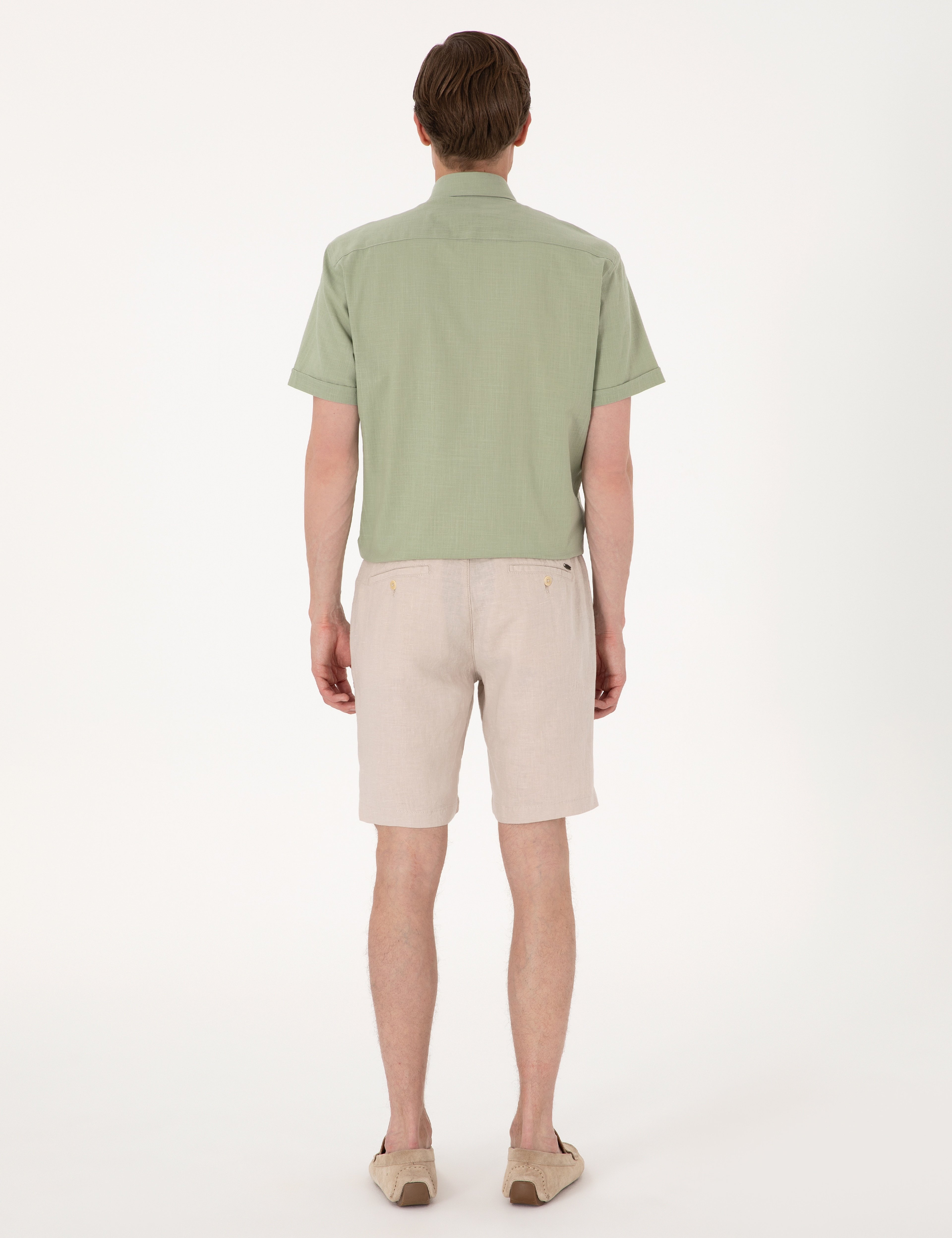 Bej Slim Fit %100 Keten Beli Lastikli Bağcıklı Dokuma Şort - Image 4