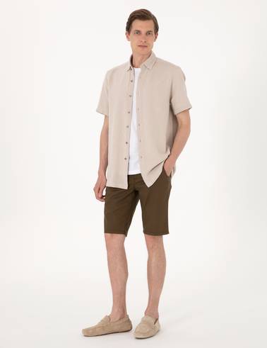 Bej Mikro Desenli %100 Pamuk Comfort Fit Rahat Gömlek
