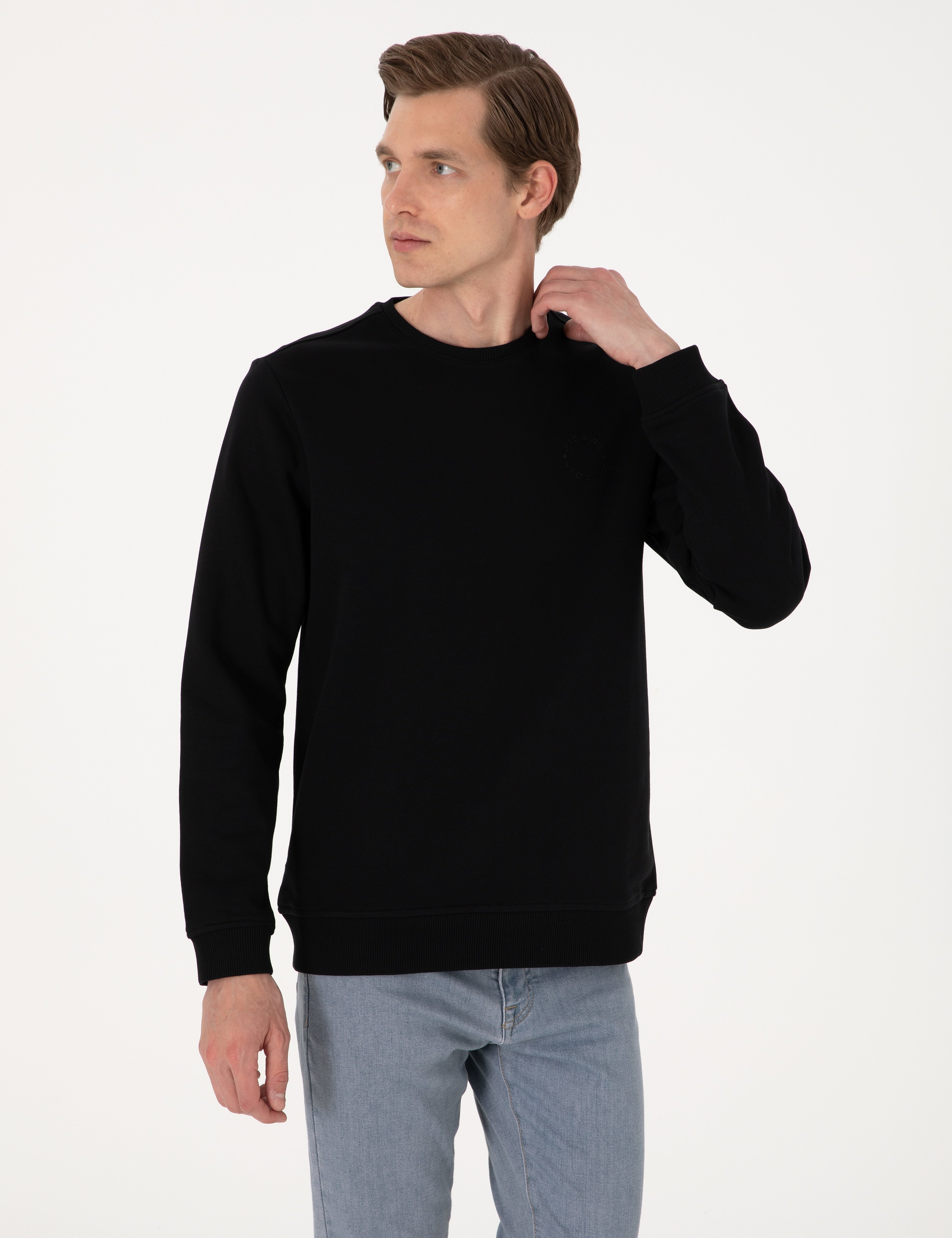 Siyah 3 İplik Regular Fit Bisiklet Yaka Basic Sweatshirt - Image 1