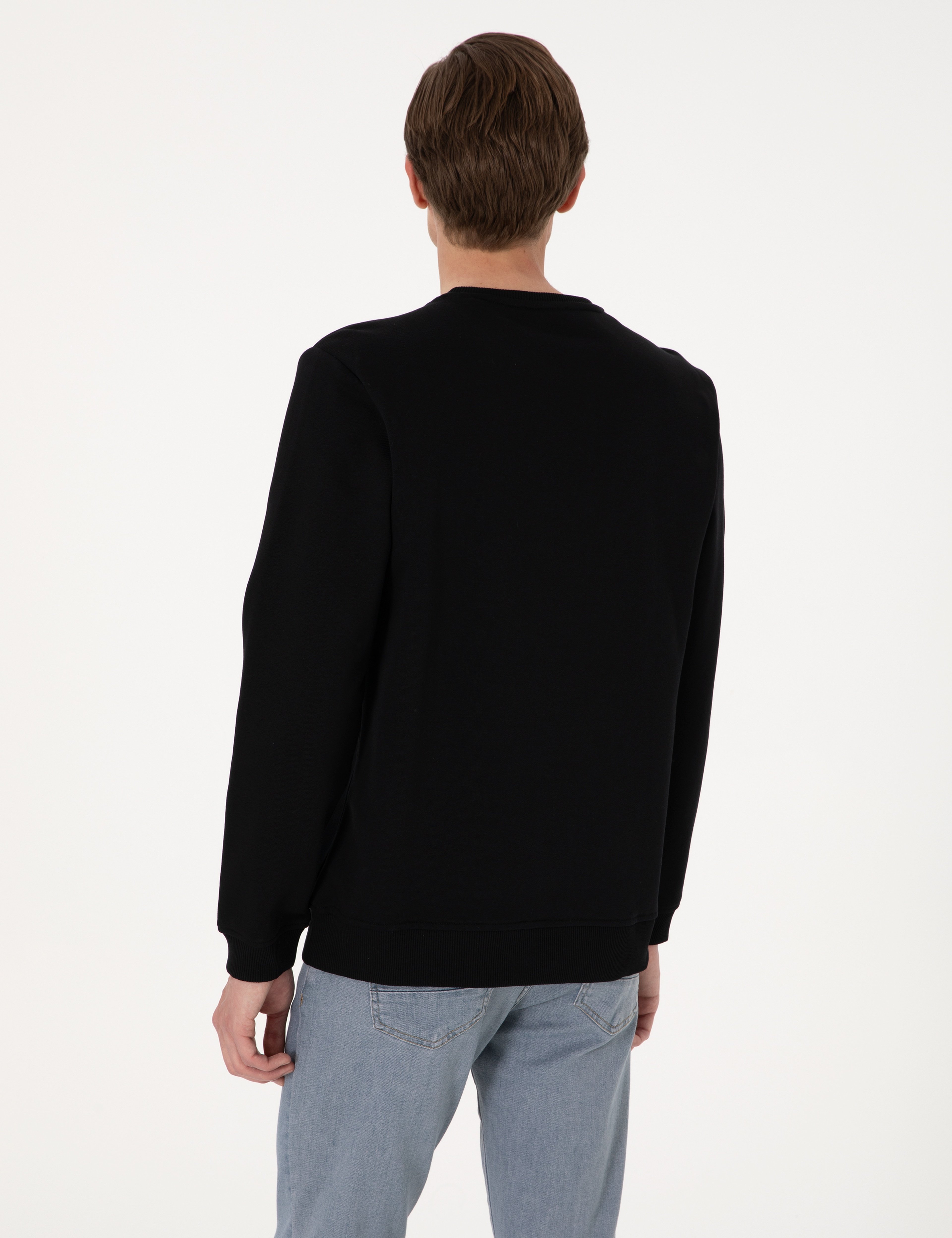 Siyah 3 İplik Regular Fit Bisiklet Yaka Basic Sweatshirt - Image 5