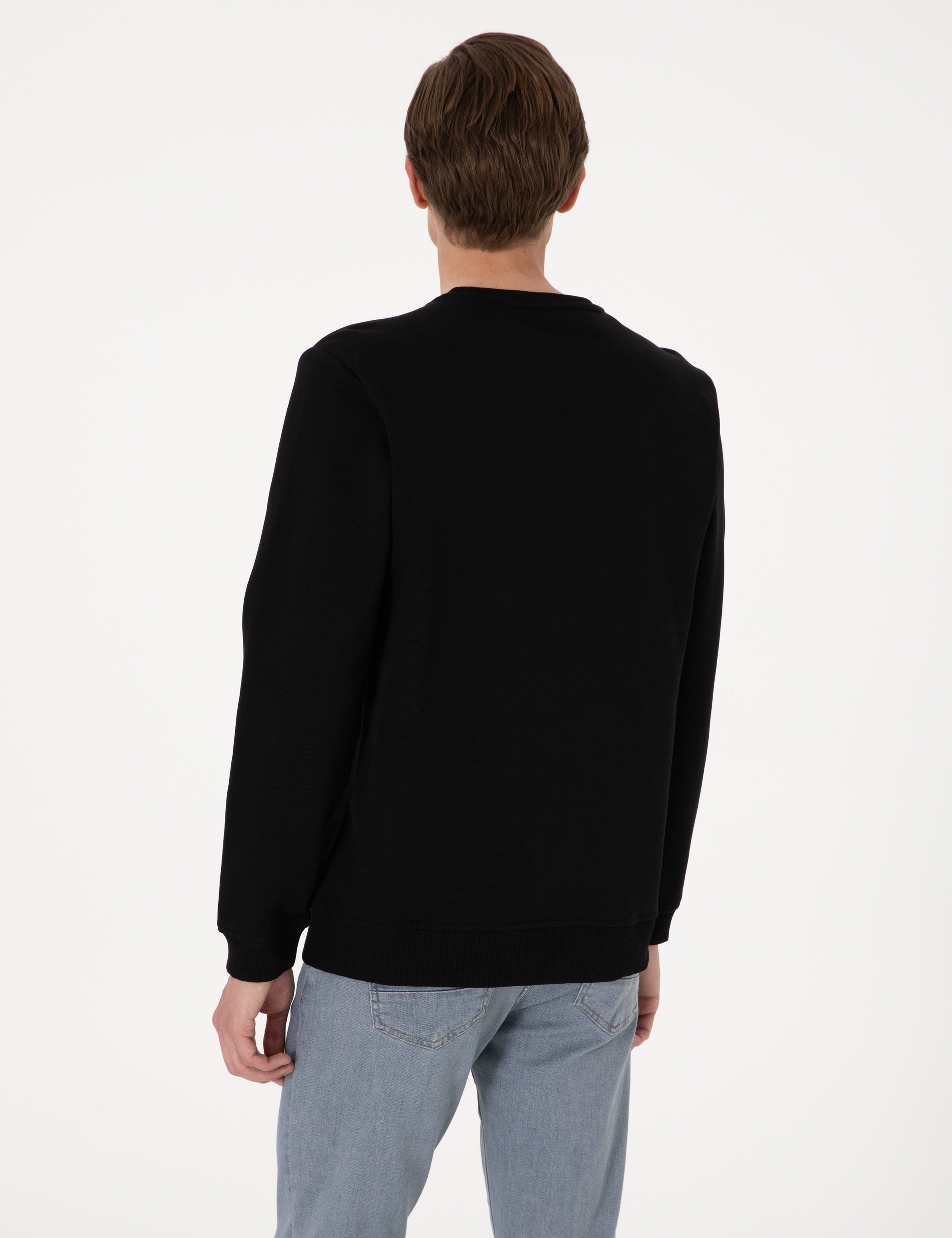 Siyah 3 İplik Regular Fit Bisiklet Yaka Basic Sweatshirt
