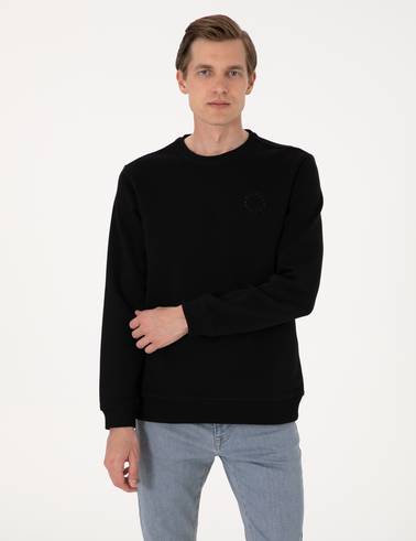 Siyah 3 İplik Regular Fit Bisiklet Yaka Basic Sweatshirt