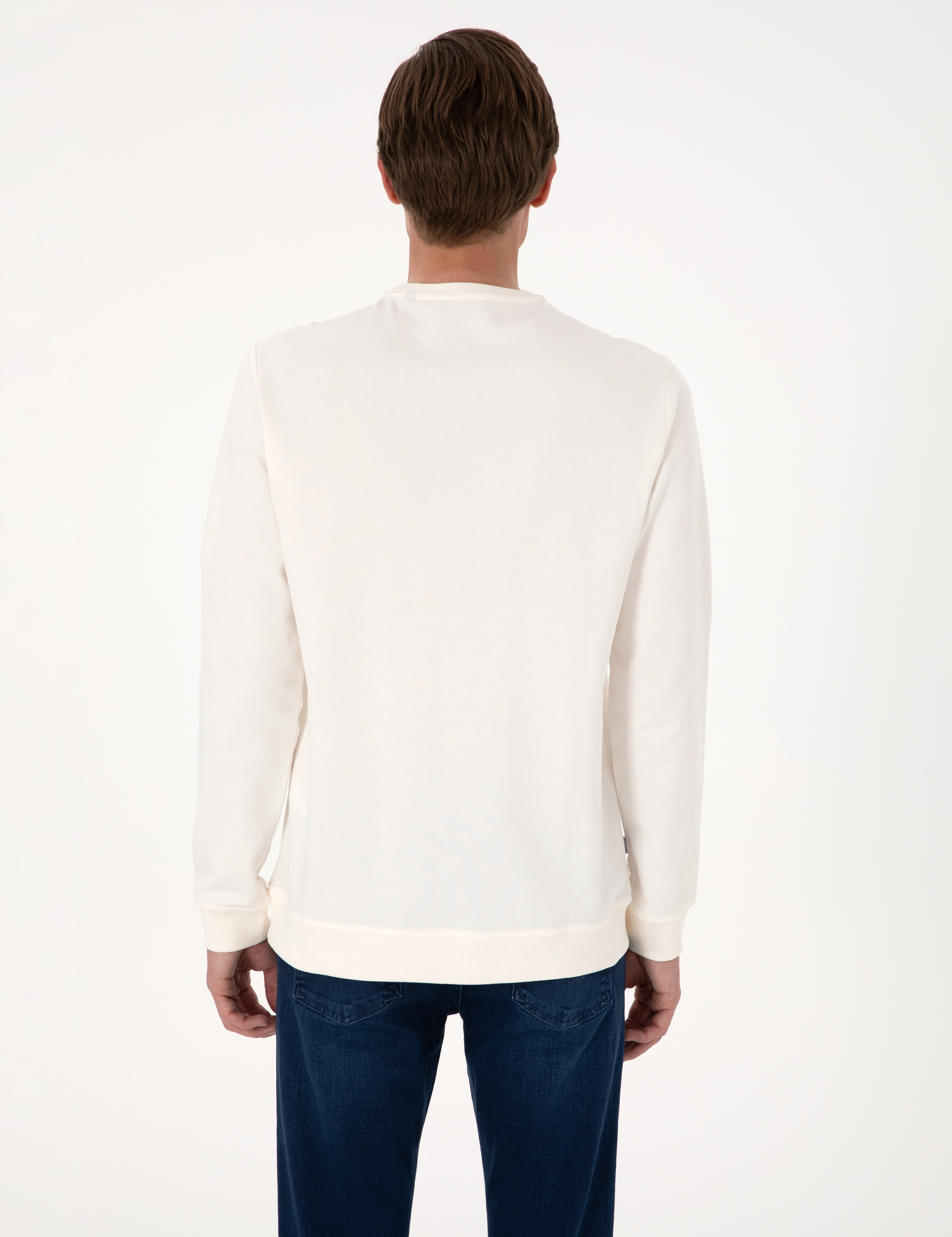 Ekru 2 İplik Regular Fit Bisiklet Yaka Basic Sweatshirt - Image 5
