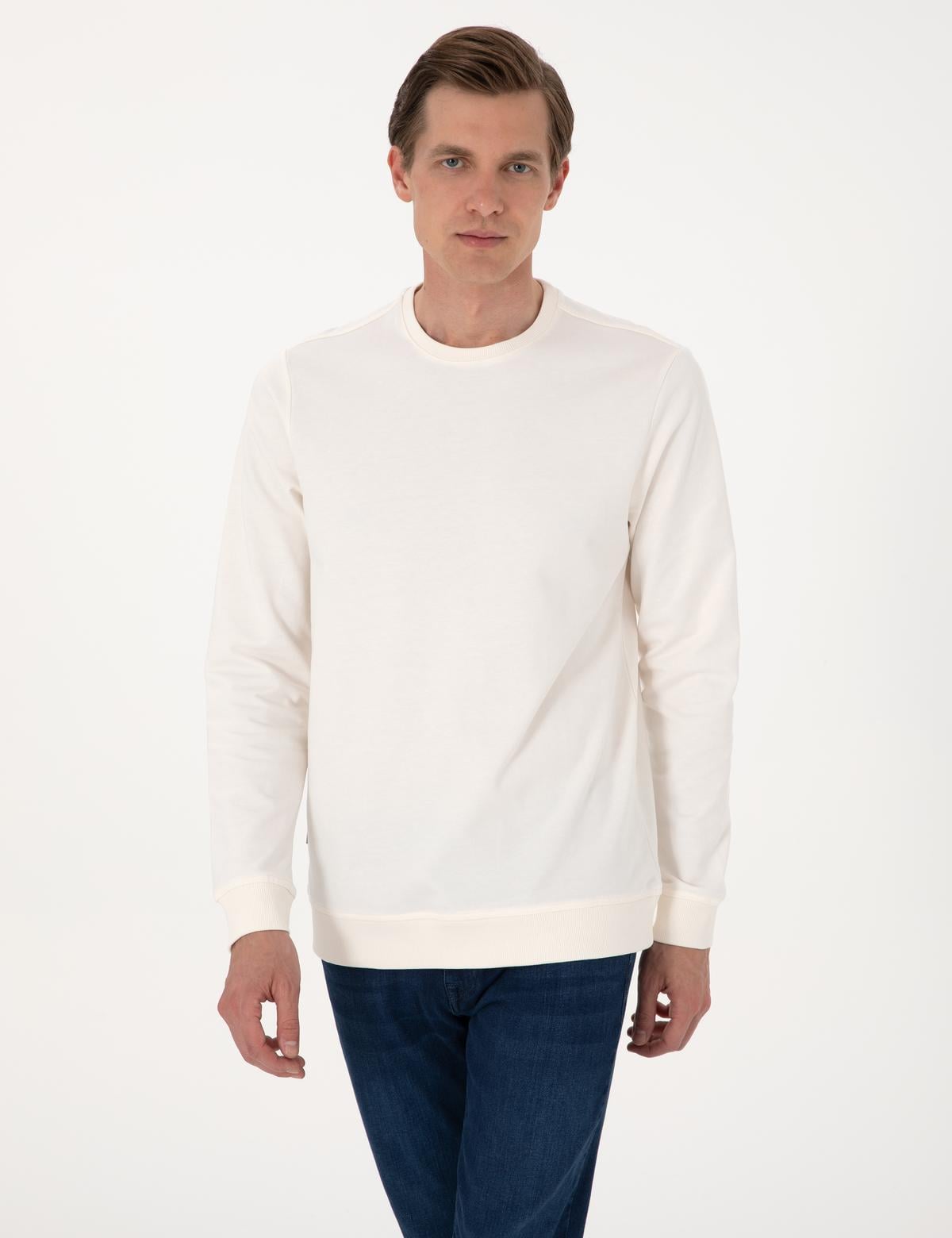 Ekru 2 İplik Regular Fit Bisiklet Yaka Basic Sweatshirt
