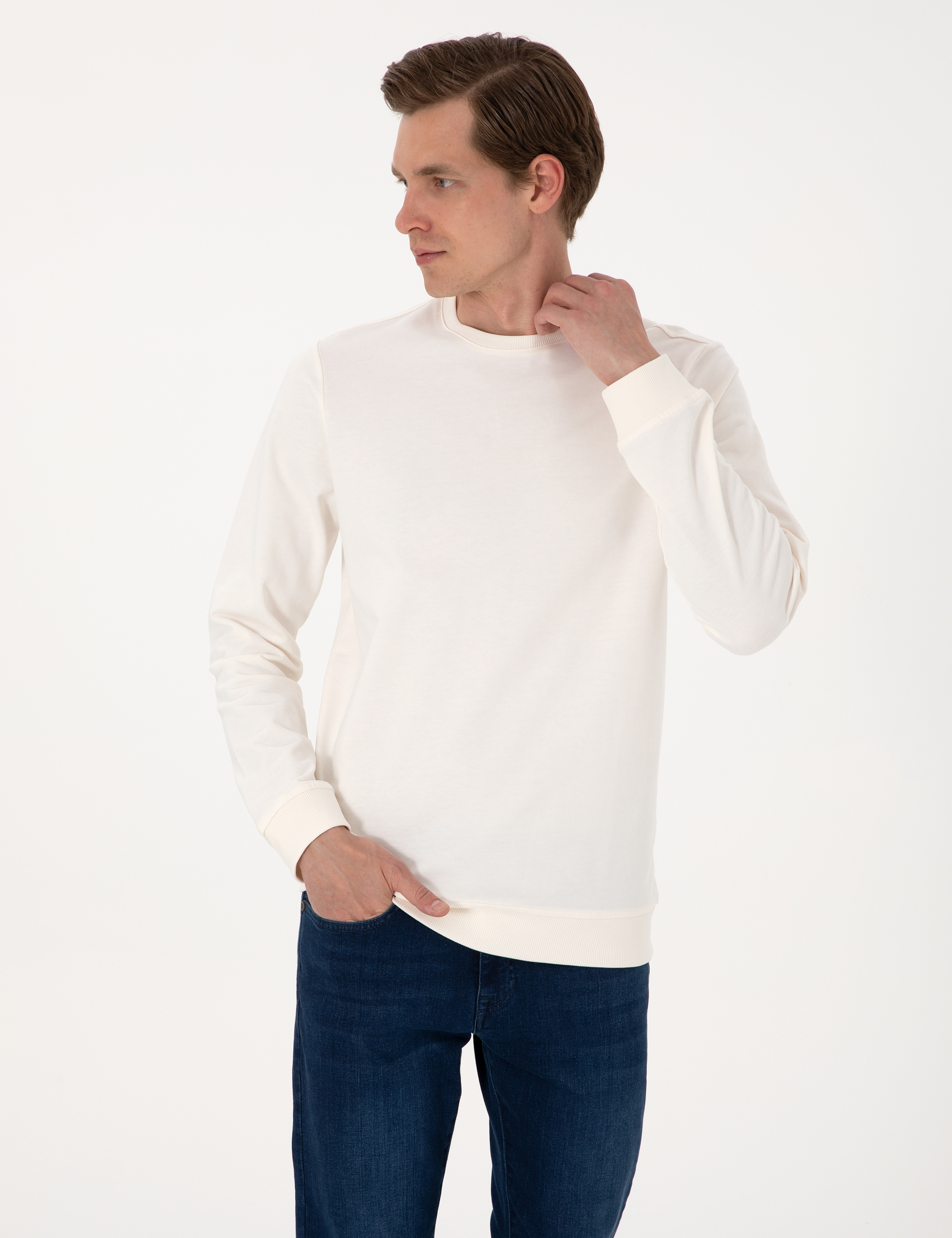 Ekru 2 İplik Regular Fit Bisiklet Yaka Basic Sweatshirt - Image 3