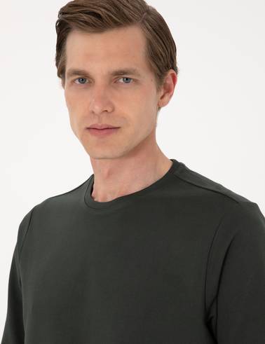 Koyu Yeşil 2 İplik Regular Fit Bisiklet Yaka Basic Sweatshirt