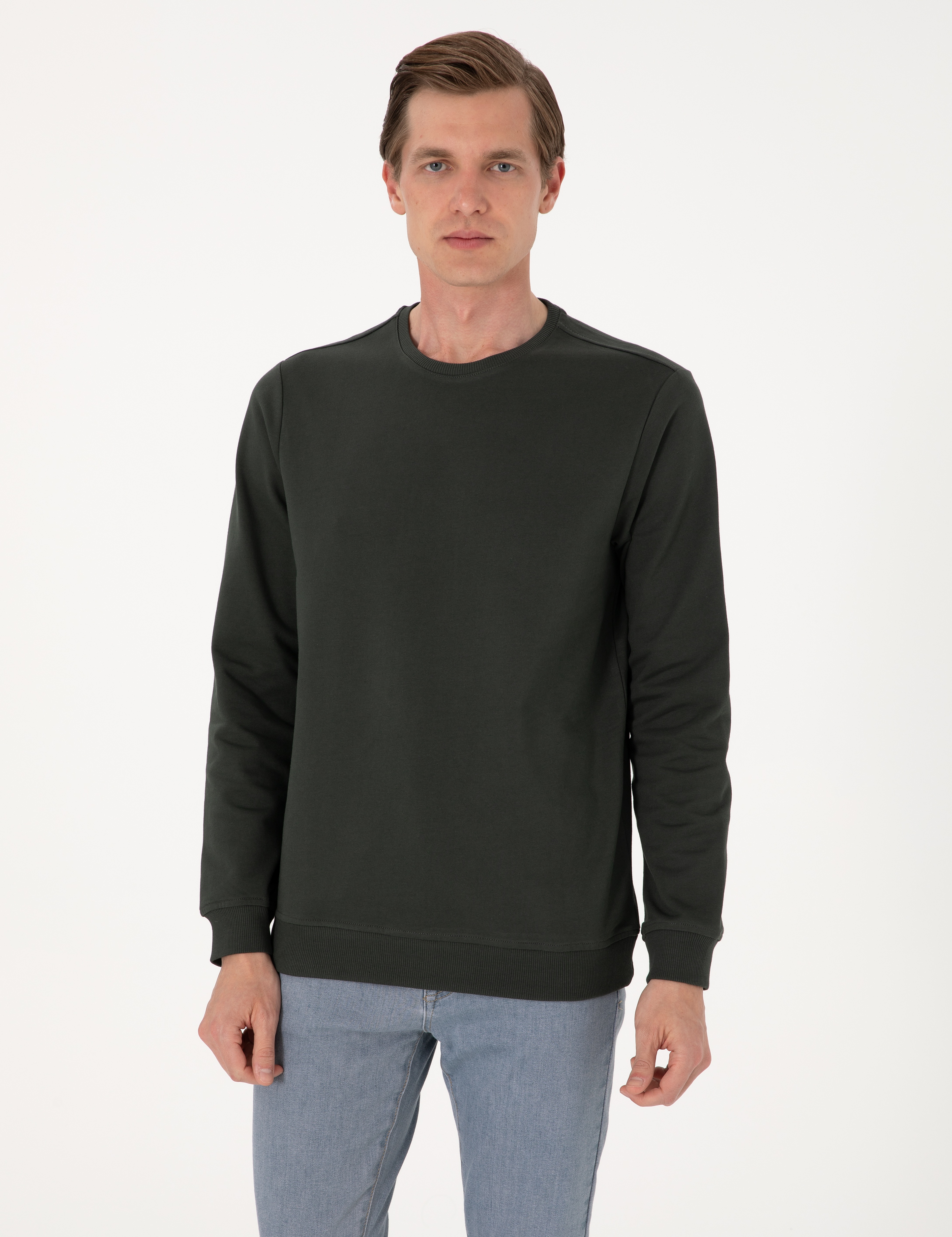 Koyu Yeşil 2 İplik Regular Fit Bisiklet Yaka Basic Sweatshirt - Image 1