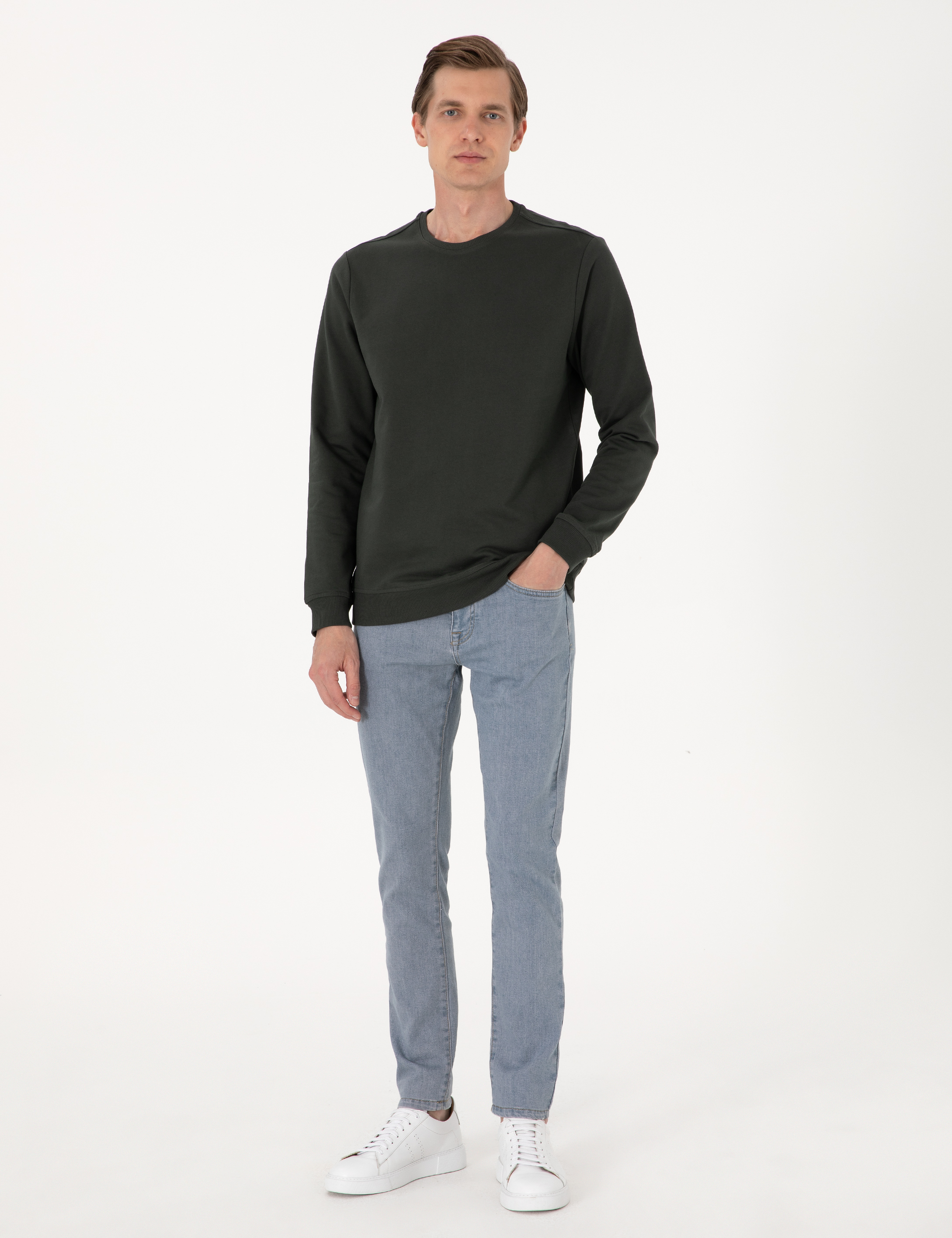 Koyu Yeşil 2 İplik Regular Fit Bisiklet Yaka Basic Sweatshirt - Image 4