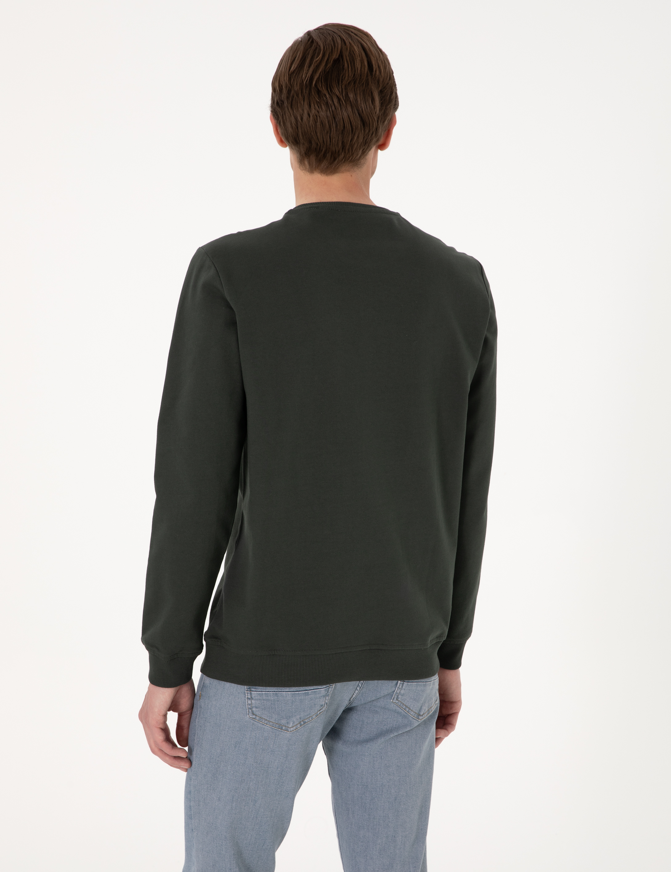 Koyu Yeşil 2 İplik Regular Fit Bisiklet Yaka Basic Sweatshirt - Image 5
