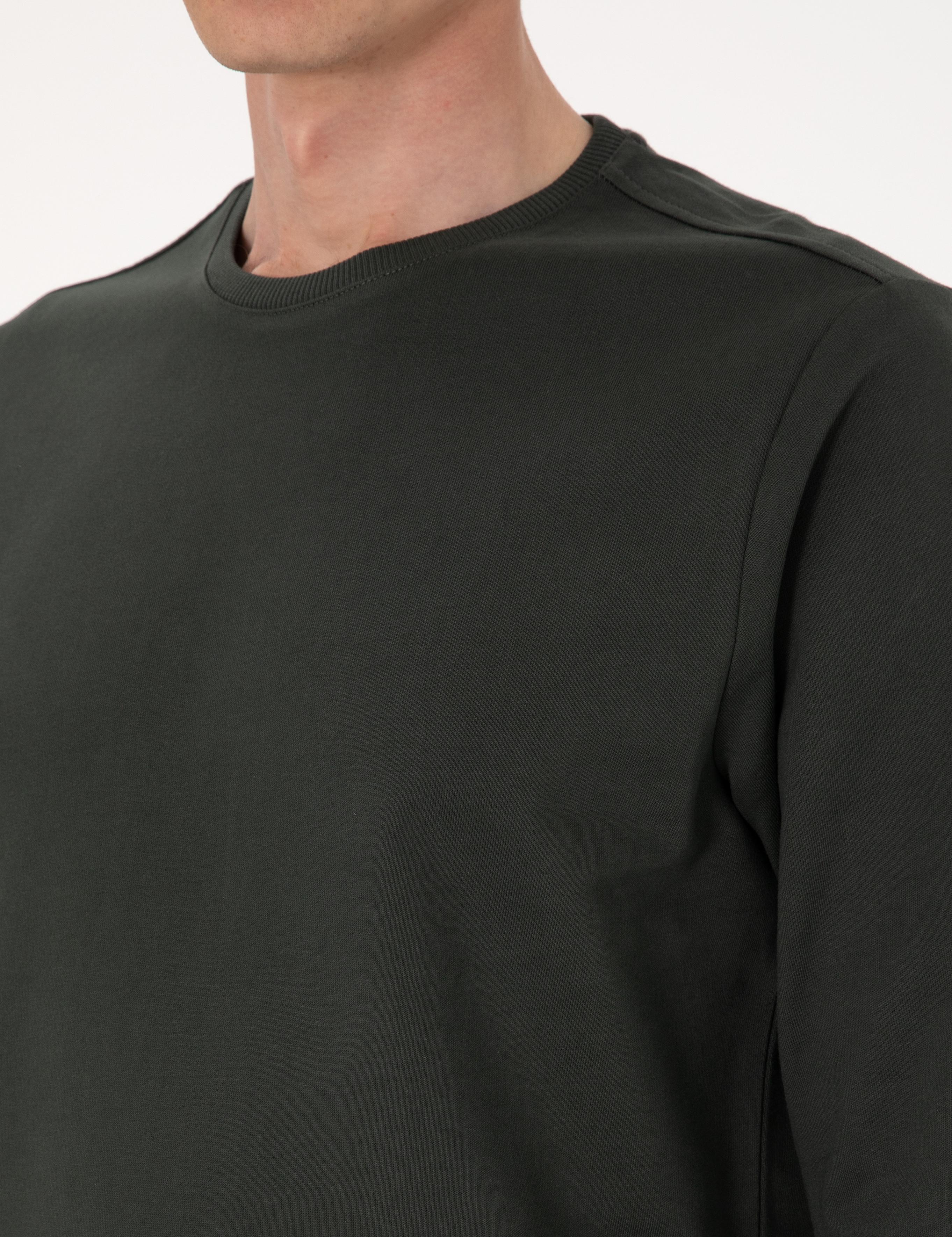 Koyu Yeşil 2 İplik Regular Fit Bisiklet Yaka Basic Sweatshirt