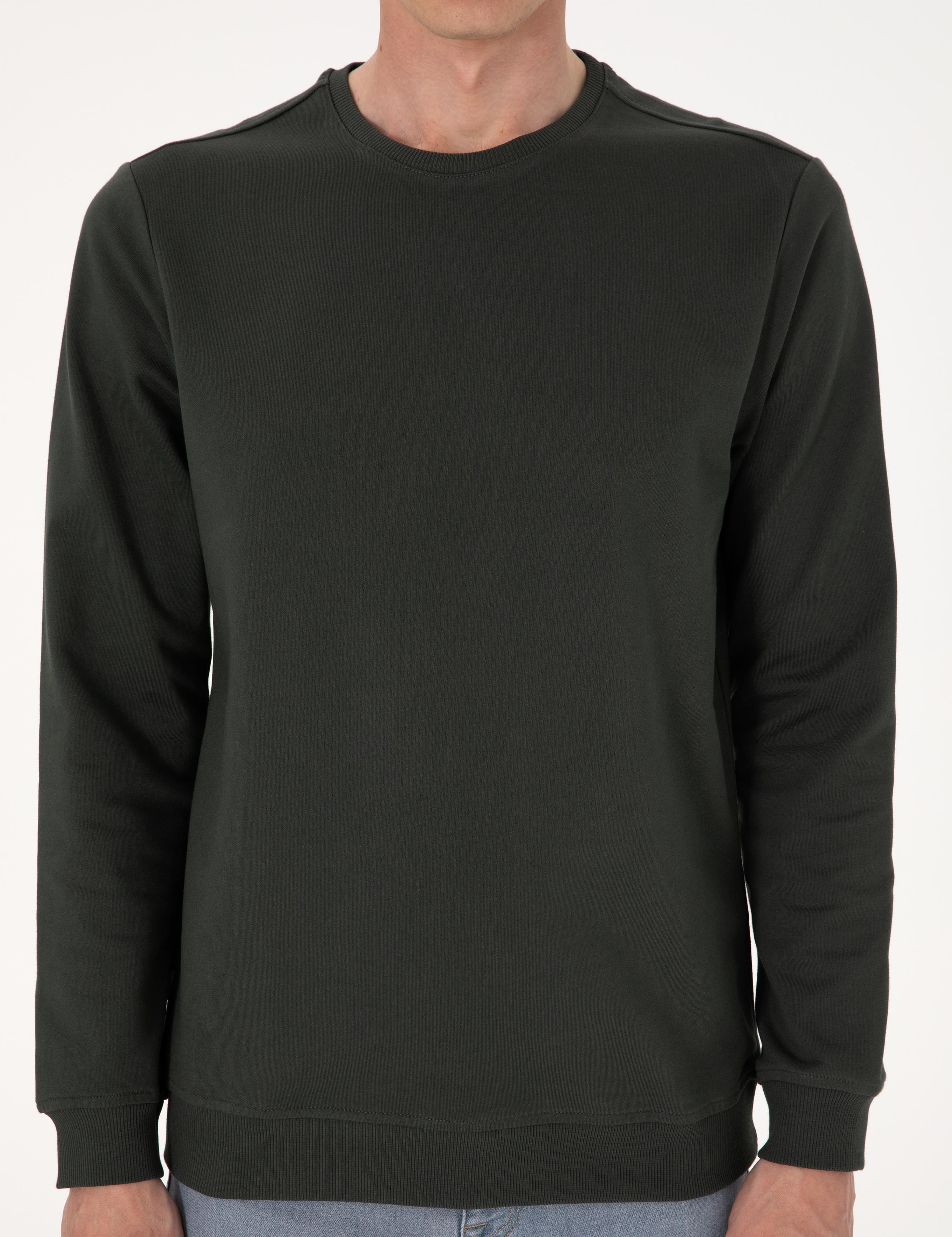 Koyu Yeşil 2 İplik Regular Fit Bisiklet Yaka Basic Sweatshirt