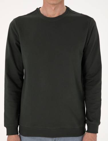 Koyu Yeşil 2 İplik Regular Fit Bisiklet Yaka Basic Sweatshirt