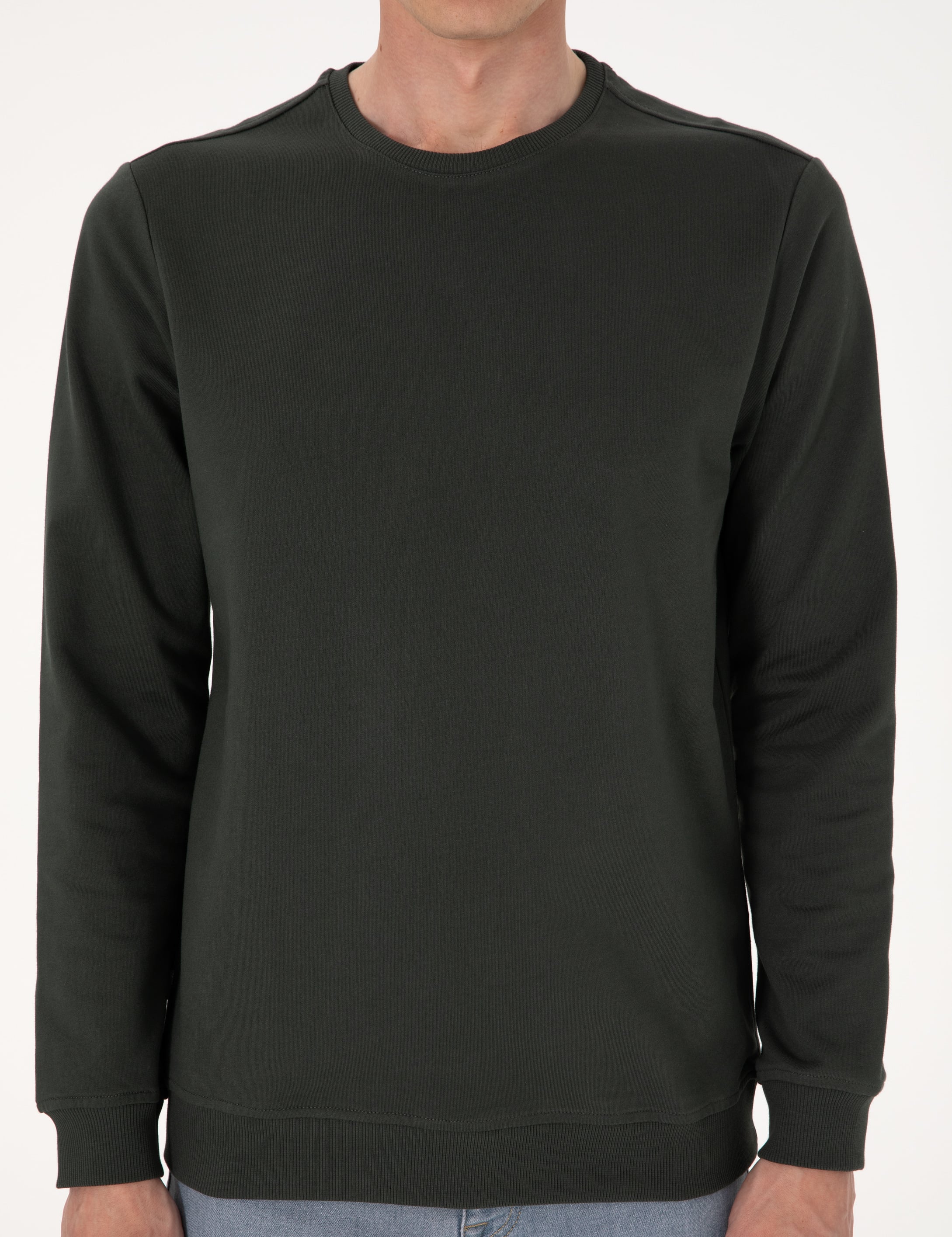 Koyu Yeşil 2 İplik Regular Fit Bisiklet Yaka Basic Sweatshirt - Image 6