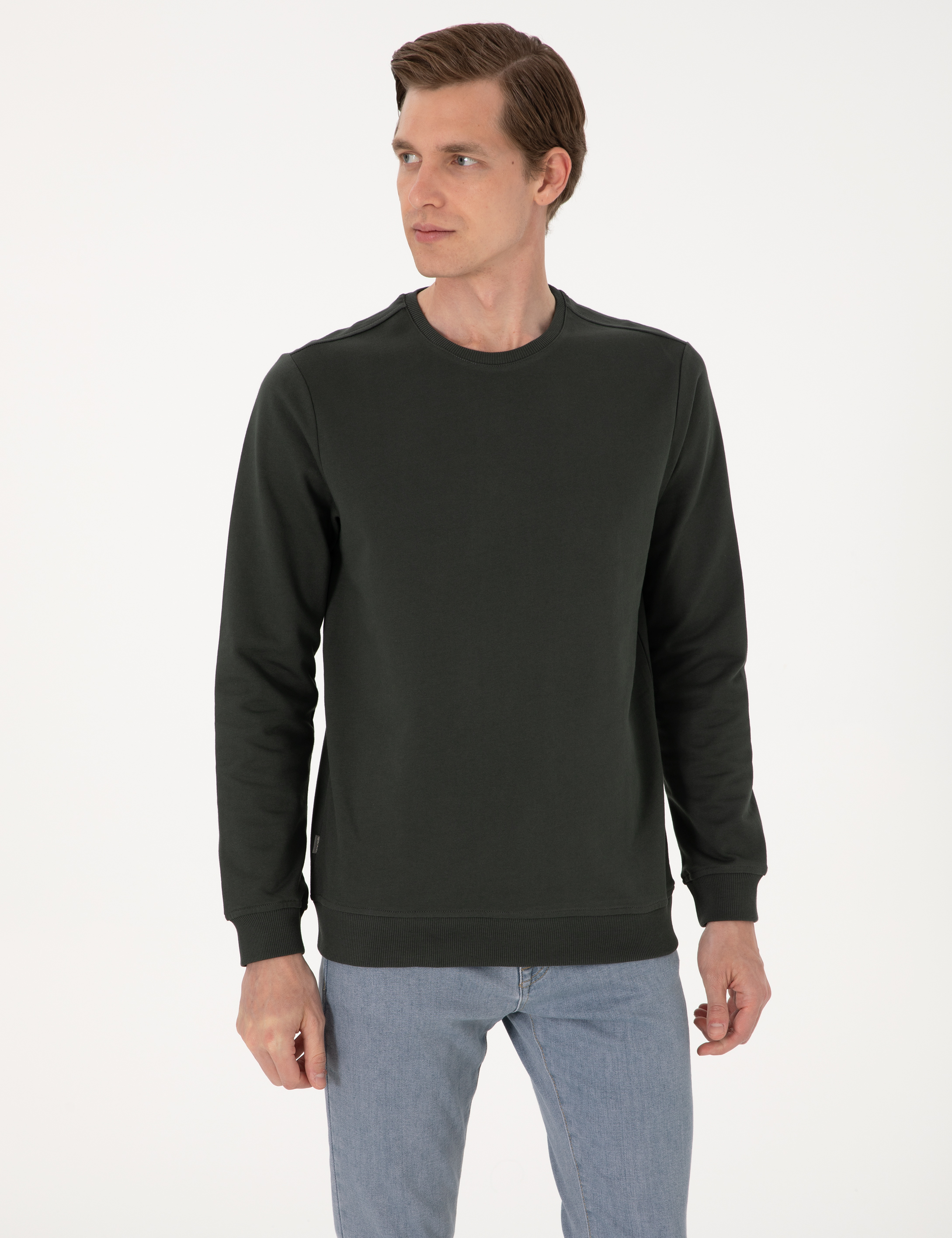 Koyu Yeşil 2 İplik Regular Fit Bisiklet Yaka Basic Sweatshirt - Image 3